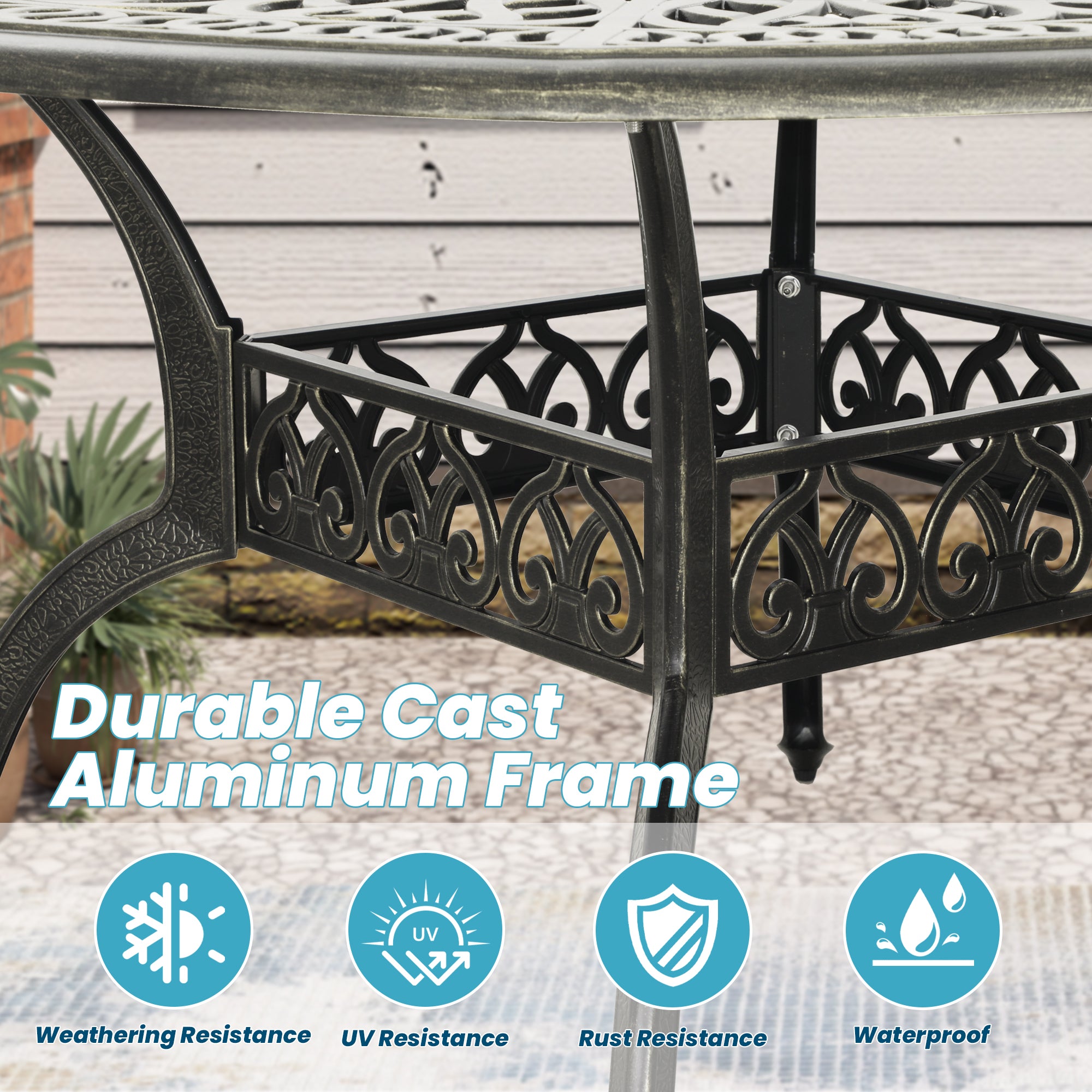 59. in Cast Aluminum Patio Round Dining Table with Umbrella Hole