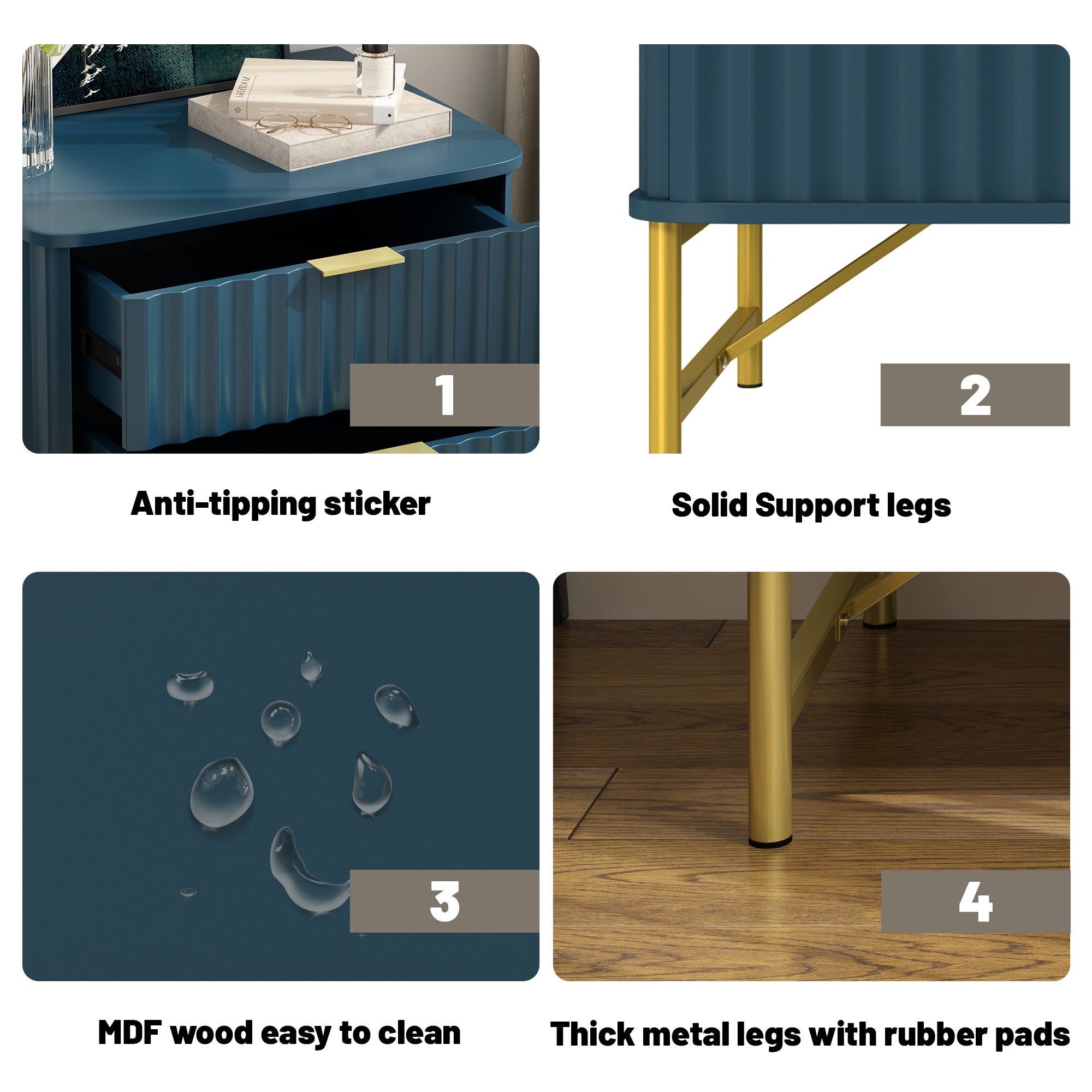 19 Inch Nightstand，Modern End Table with 2 Drawers，2 Tier Side Table with Gold Legs for Bedroom, Living Room, Black