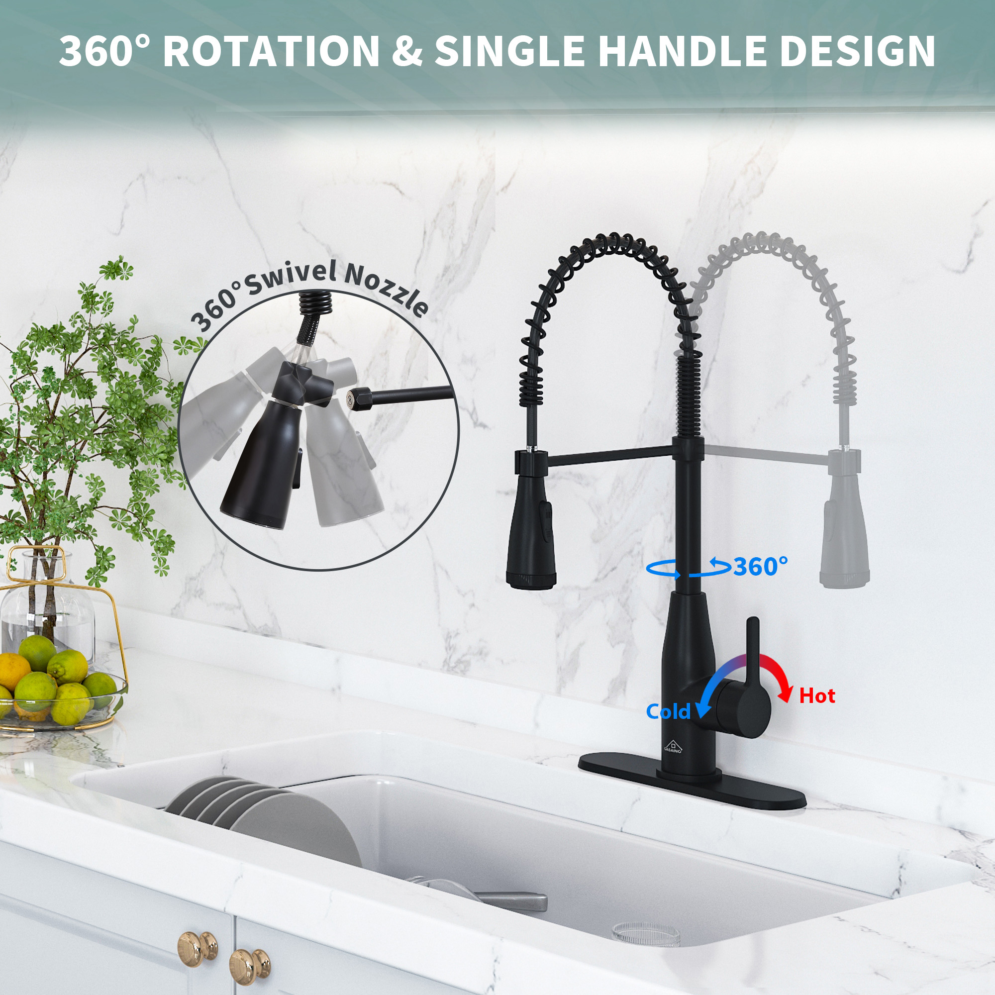 Single Handle Pull Down Sprayer Kitchen Faucet with LED Lights Temperature Display in Matte Black