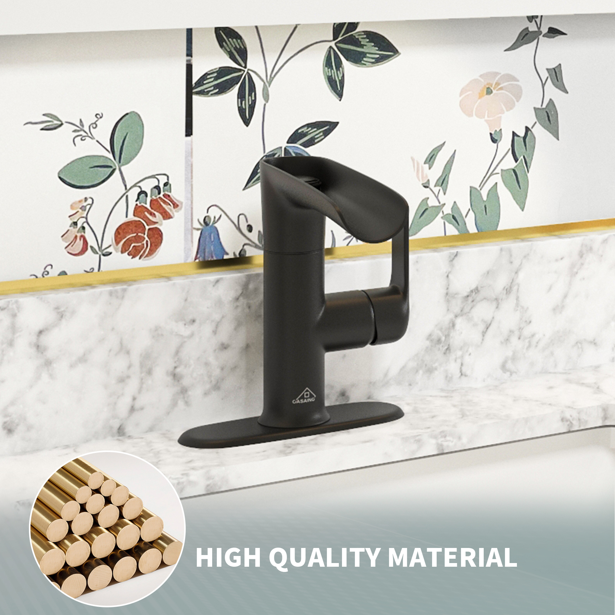 Single Handle Single Hole Bathroom Vanity Sink Waterfall Spout Bathroom Faucet with Filter Particles in Matte Black
