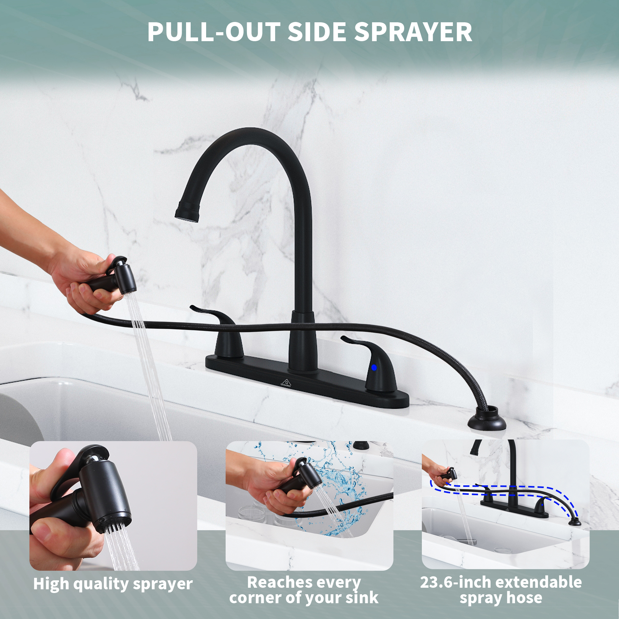 Double Handle Standard Kitchen Faucet with Side Sprayer in Matte Black