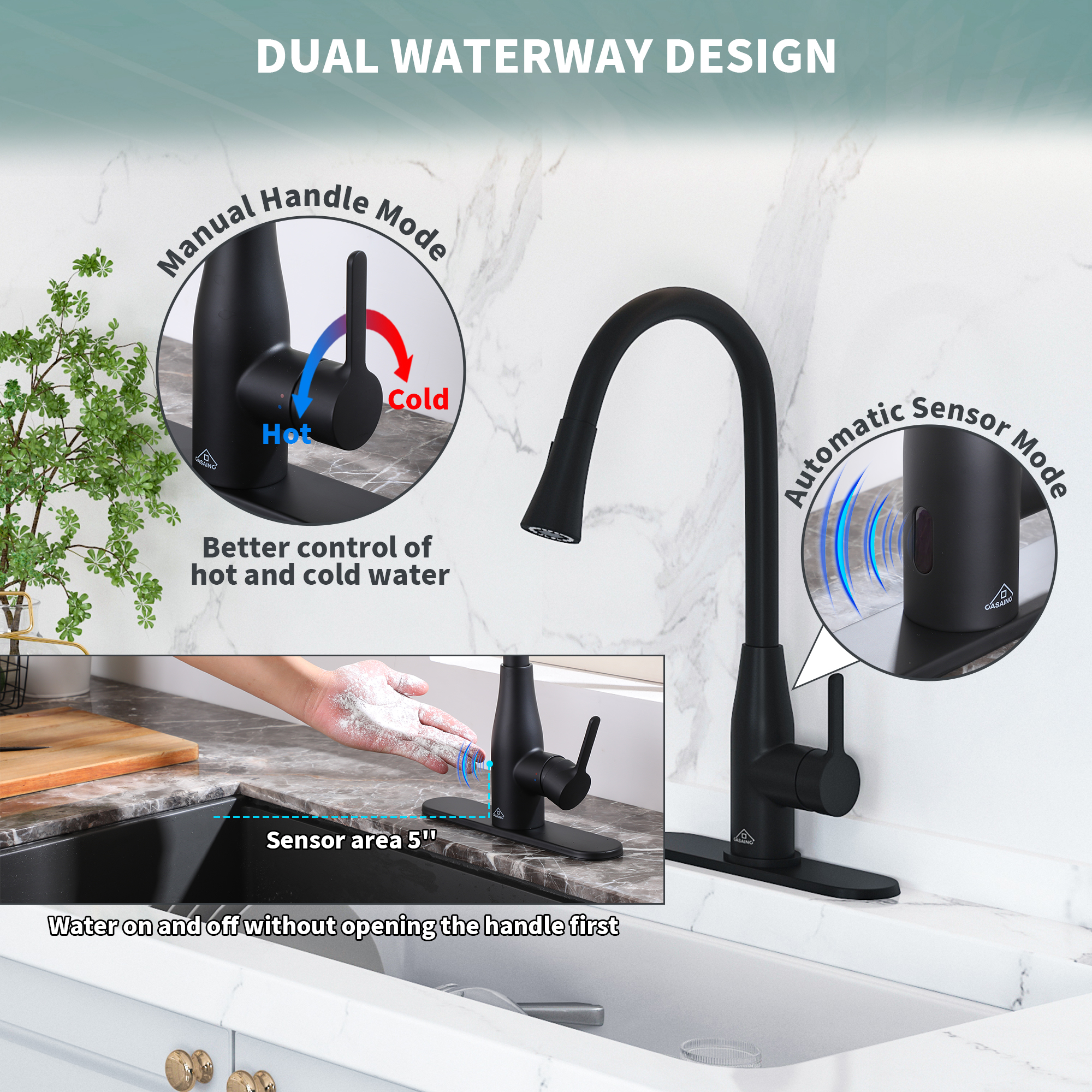 Single Handle Pull Down Sprayer Kitchen Faucet with Touchless Sensor and Two Functions Spray Head in Matte Black