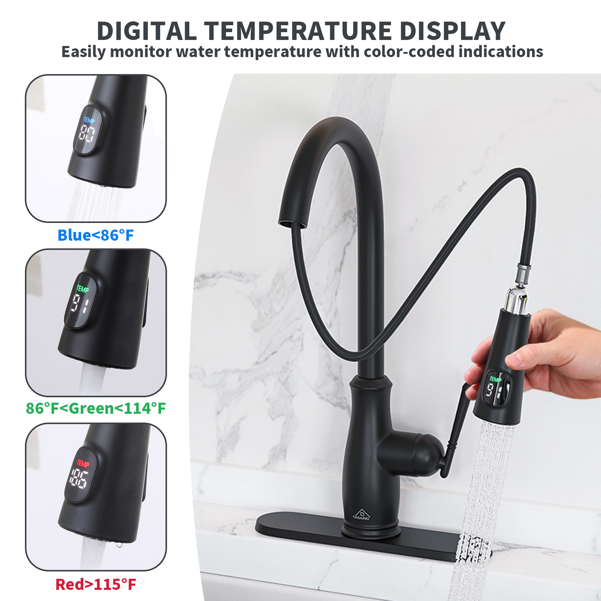 Single Handle Pull Down Sprayer Kitchen Faucet with Intelligent Temperature Display in Matte Black