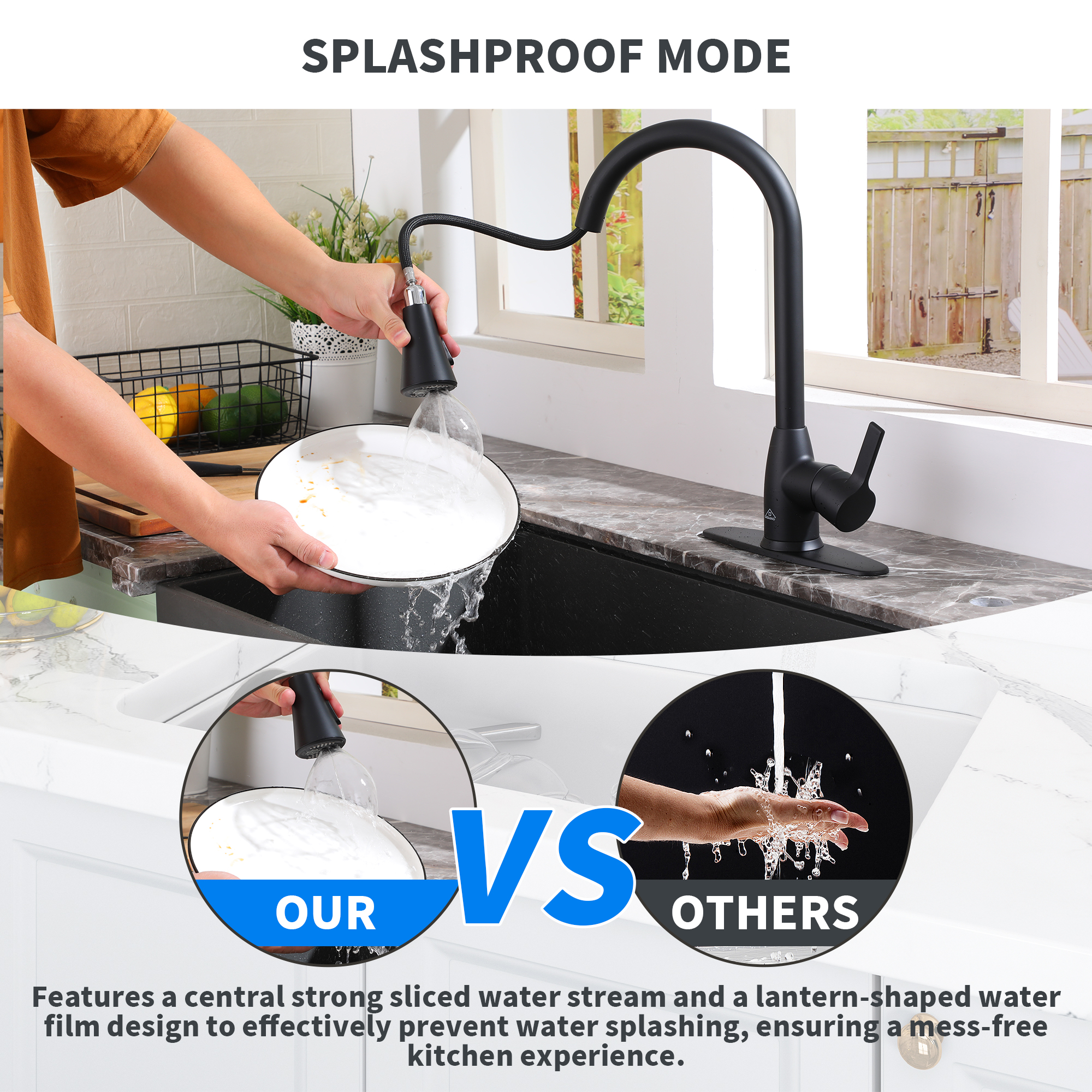Single Handle Pull Down Sprayer Kitchen Faucet with Three Functions Spray Head in Matte Black