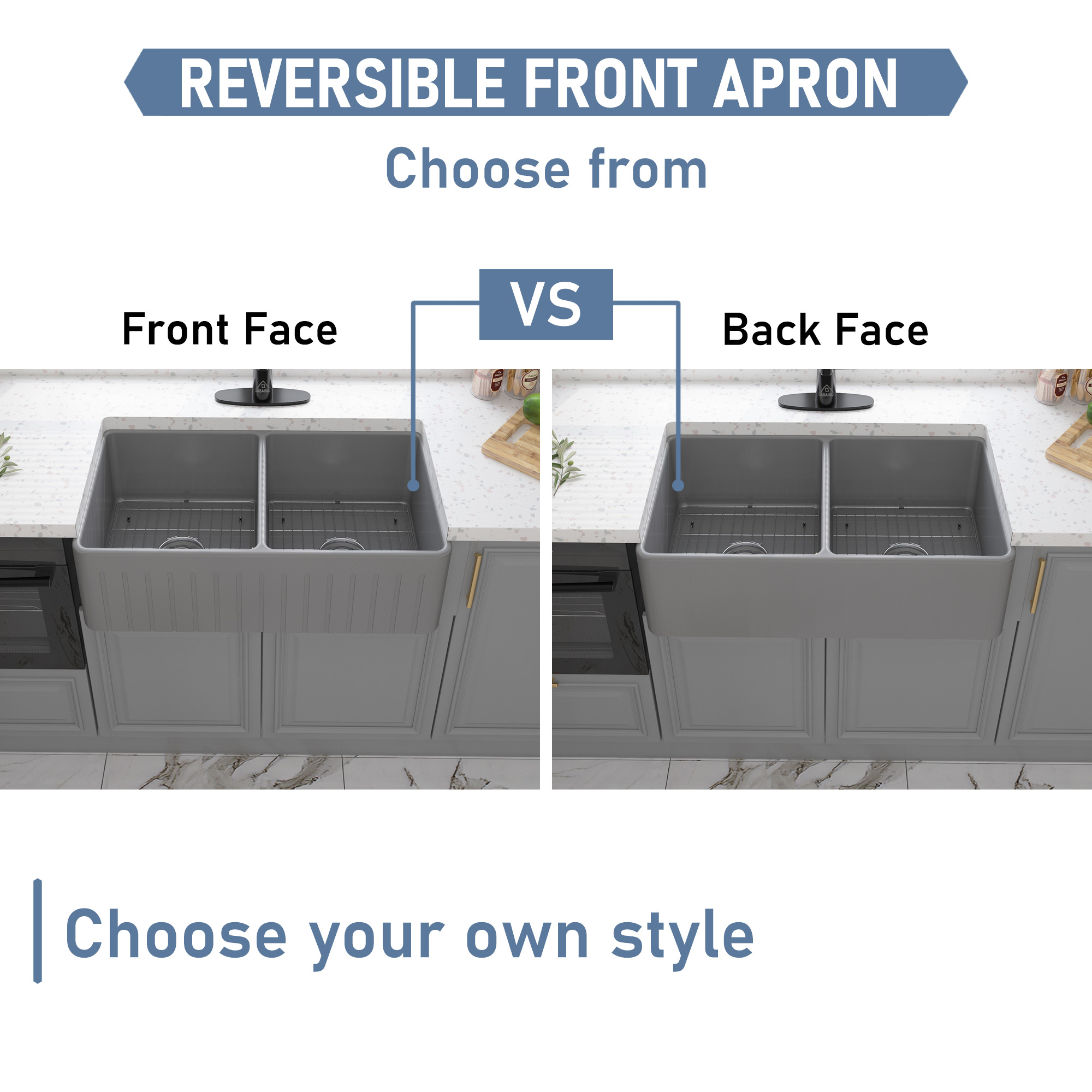 Boyel Living 33 in. Farmhouse/Apron-Front Double Bowl Matte Gray Fine Fireclay Kitchen Sink with Bottom Grid and Strainer Basket