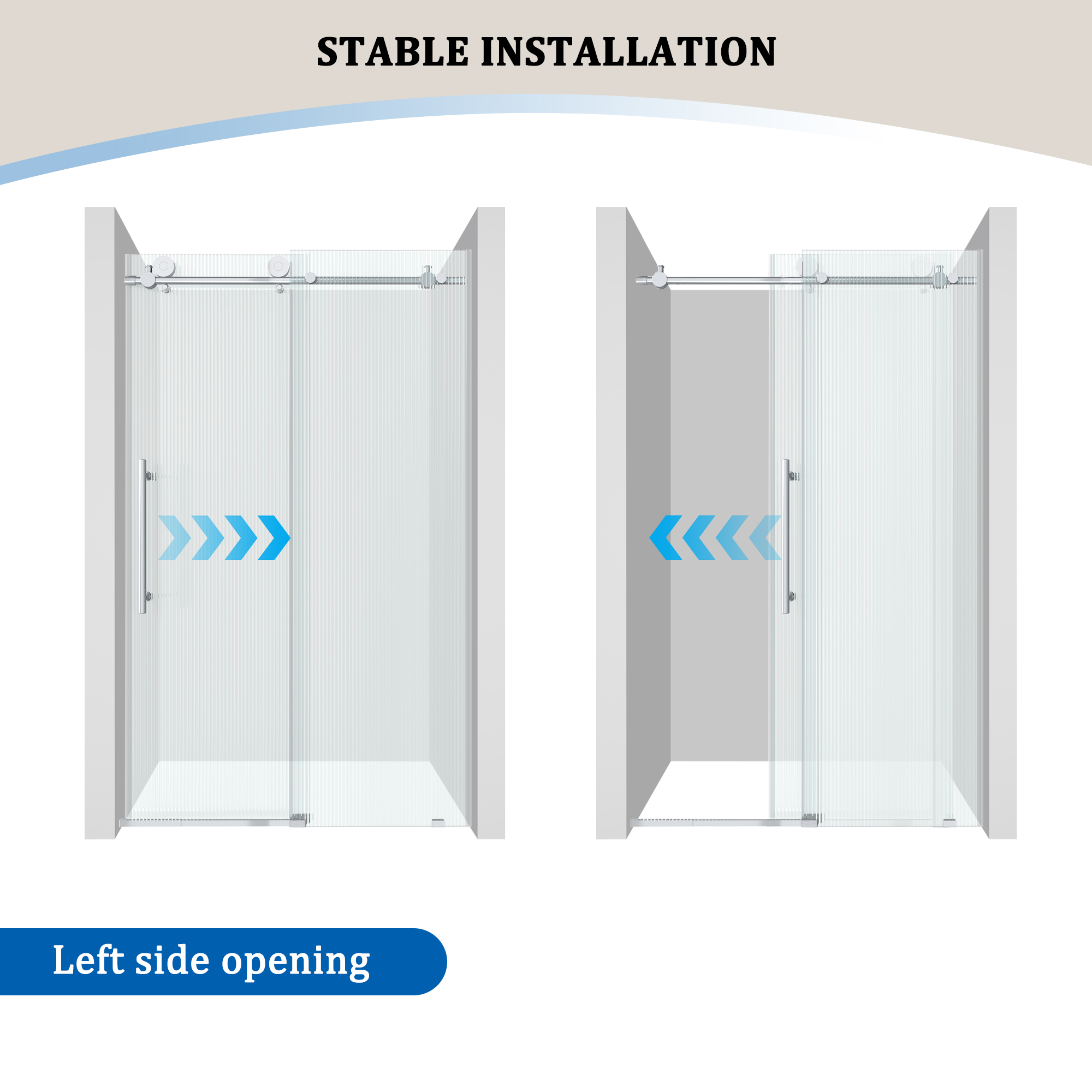 Double sliding frameless shower door with 10mm grooved tempered glass