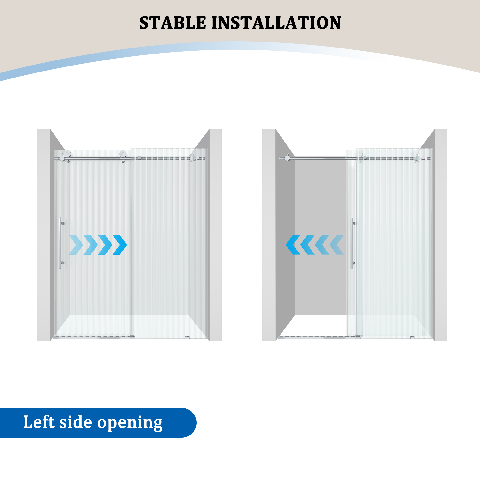 Double sliding frameless shower door with 10mm grooved tempered glass