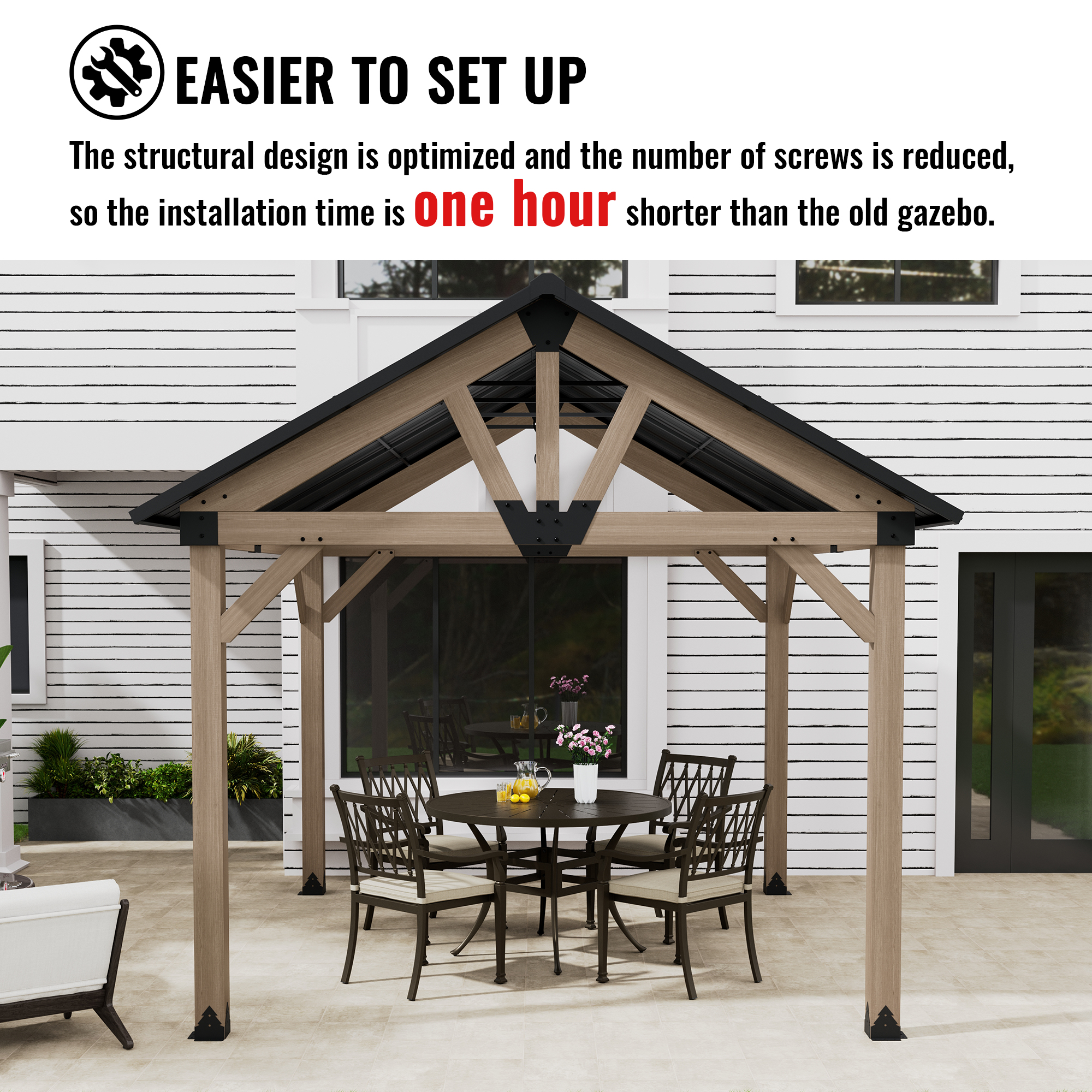 10 ft. x 12 ft. Outdoor Cedar Wood Frame Patio Gazebo Canopy Galvanized Steel Gable Hardtop Roof for Patio Lawn Backyard - Greenwich Serie