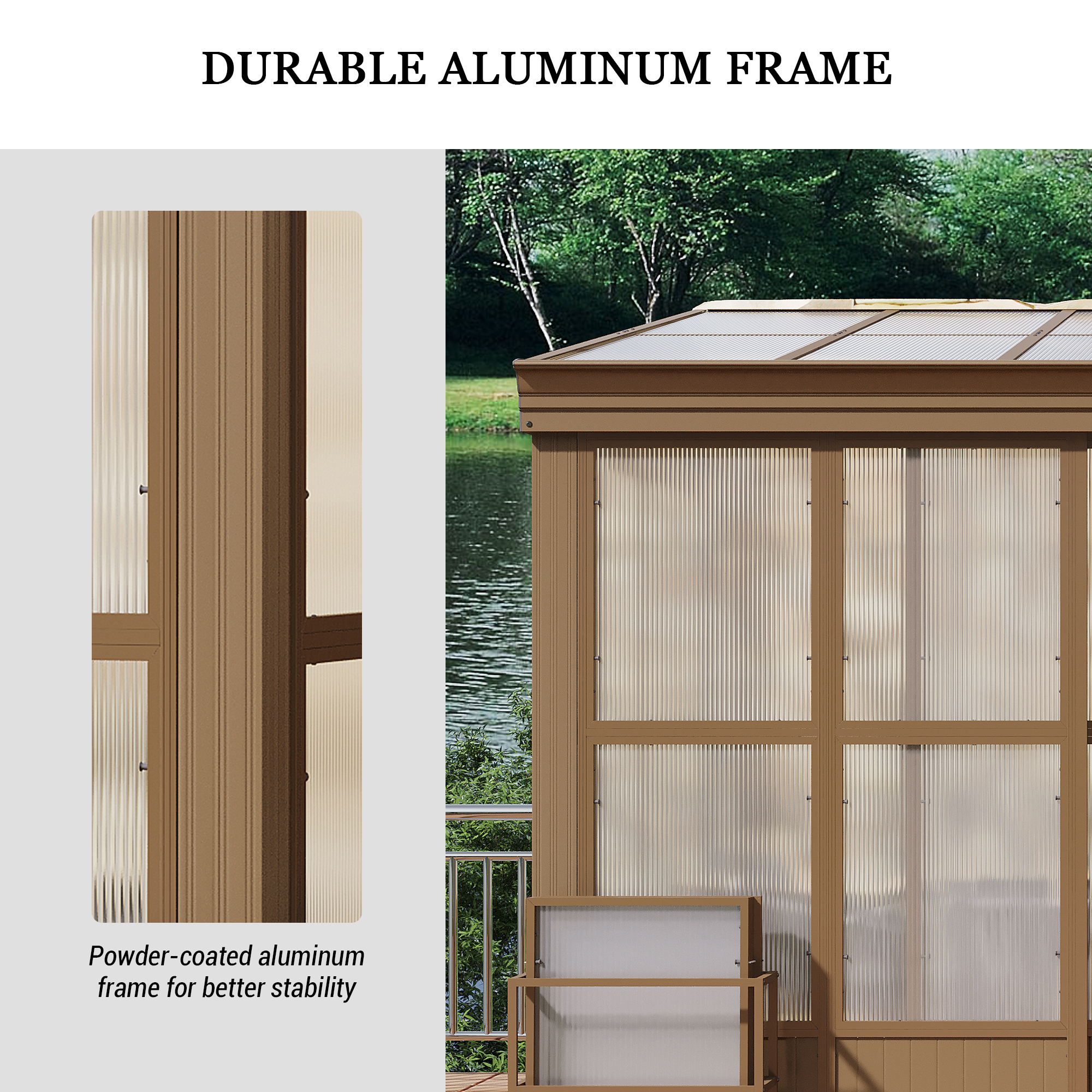 Wall Mounted Solarium with Sloping Polycarbonate Roof, Detachable Polycarbonate Screens, 2 Lockable Sliding Doors, Aluminum Gazebo Against Wall Sun Room for Patio Deck