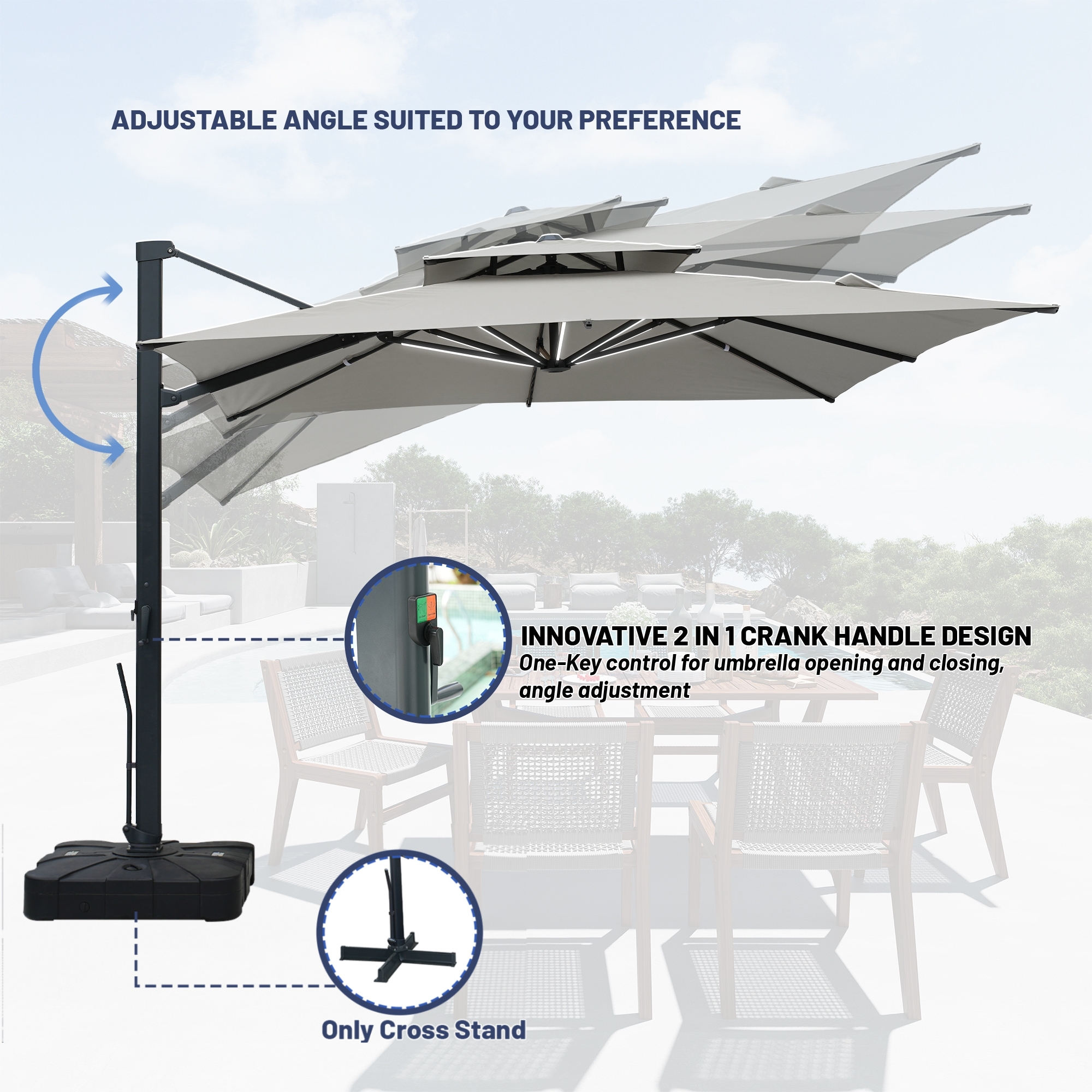 10-Ft Aluminum Patio Cantilever Umbrella with Base and Removable Lights