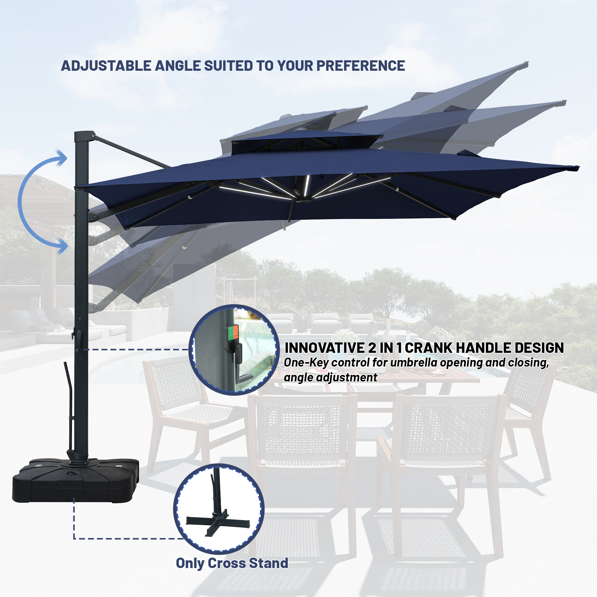10-Ft Aluminum Patio Cantilever Umbrella with Base and Removable Lights
