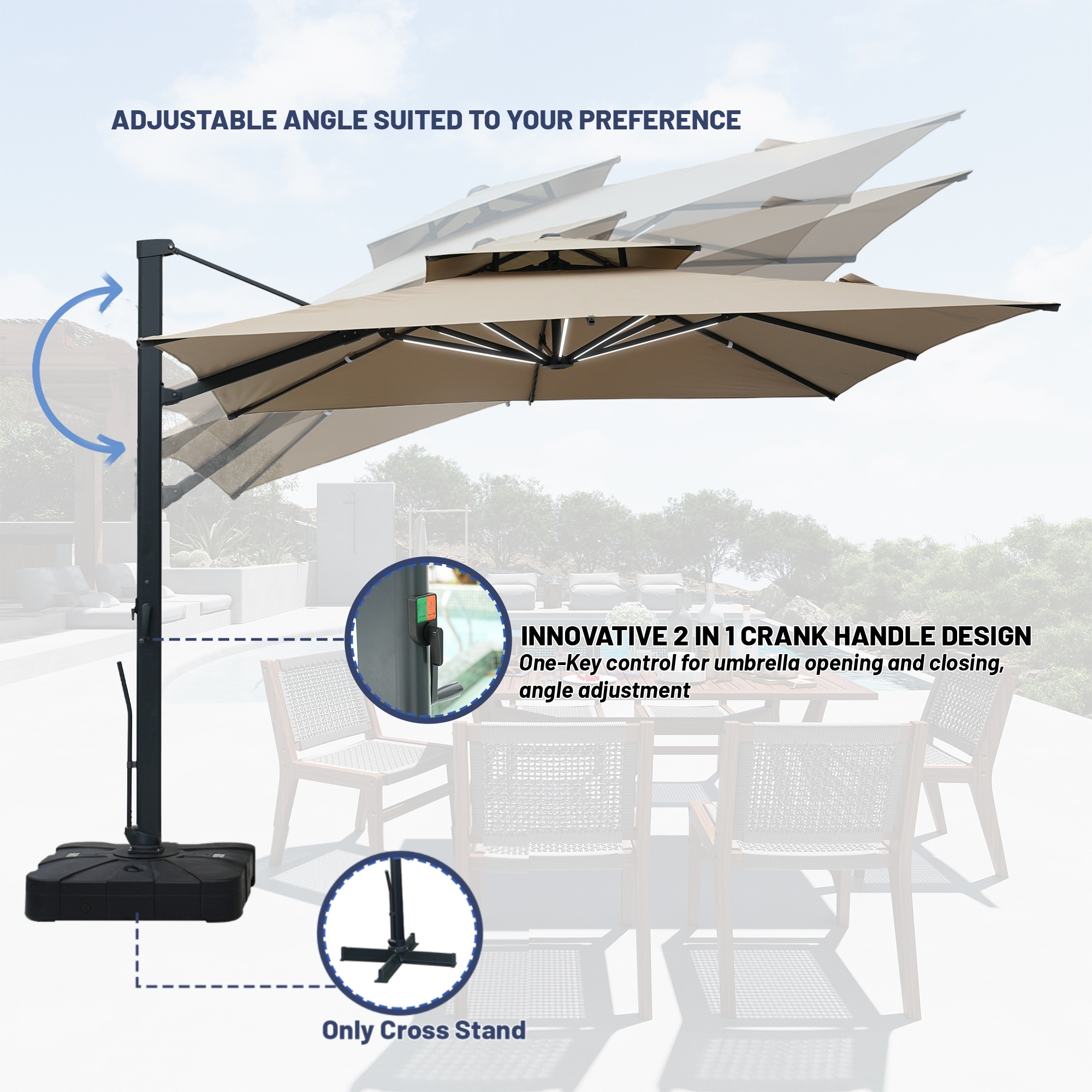 10-Ft Aluminum Patio Cantilever Umbrella with Base and Removable Lights