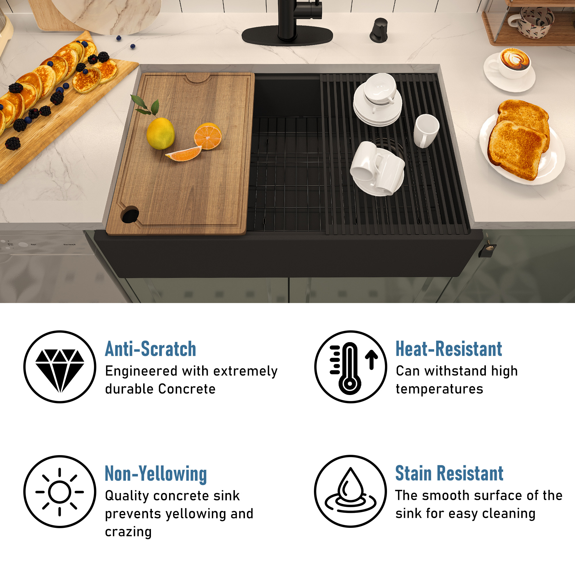 33 in. Farmhouse/Apron-Front Single Bowl Black Earth Concrete Kitchen Sink with Cutting Board, Rolling Drying Rack, Grid