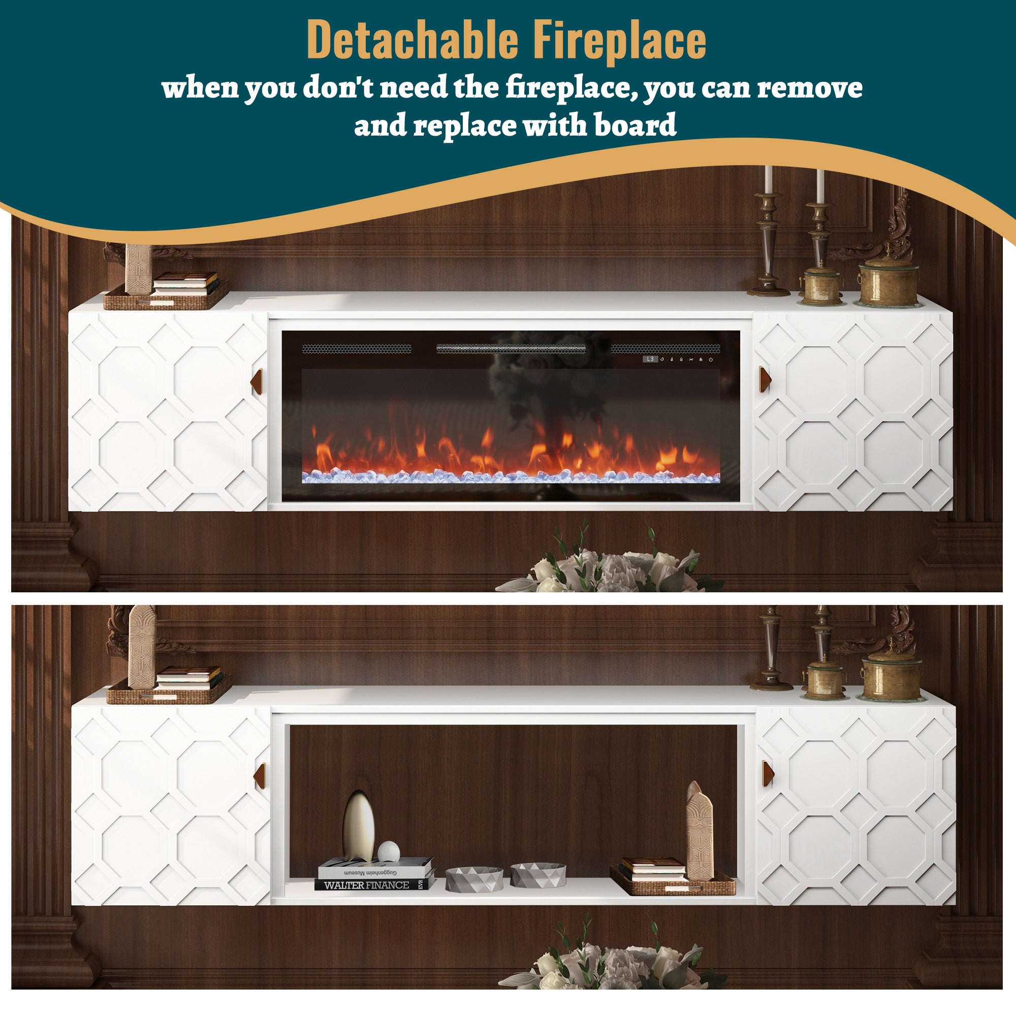 67.32-in W White Fan-forced Electric Fireplace , 5 levels of brightness adjustment, 14 charcoal bed effects