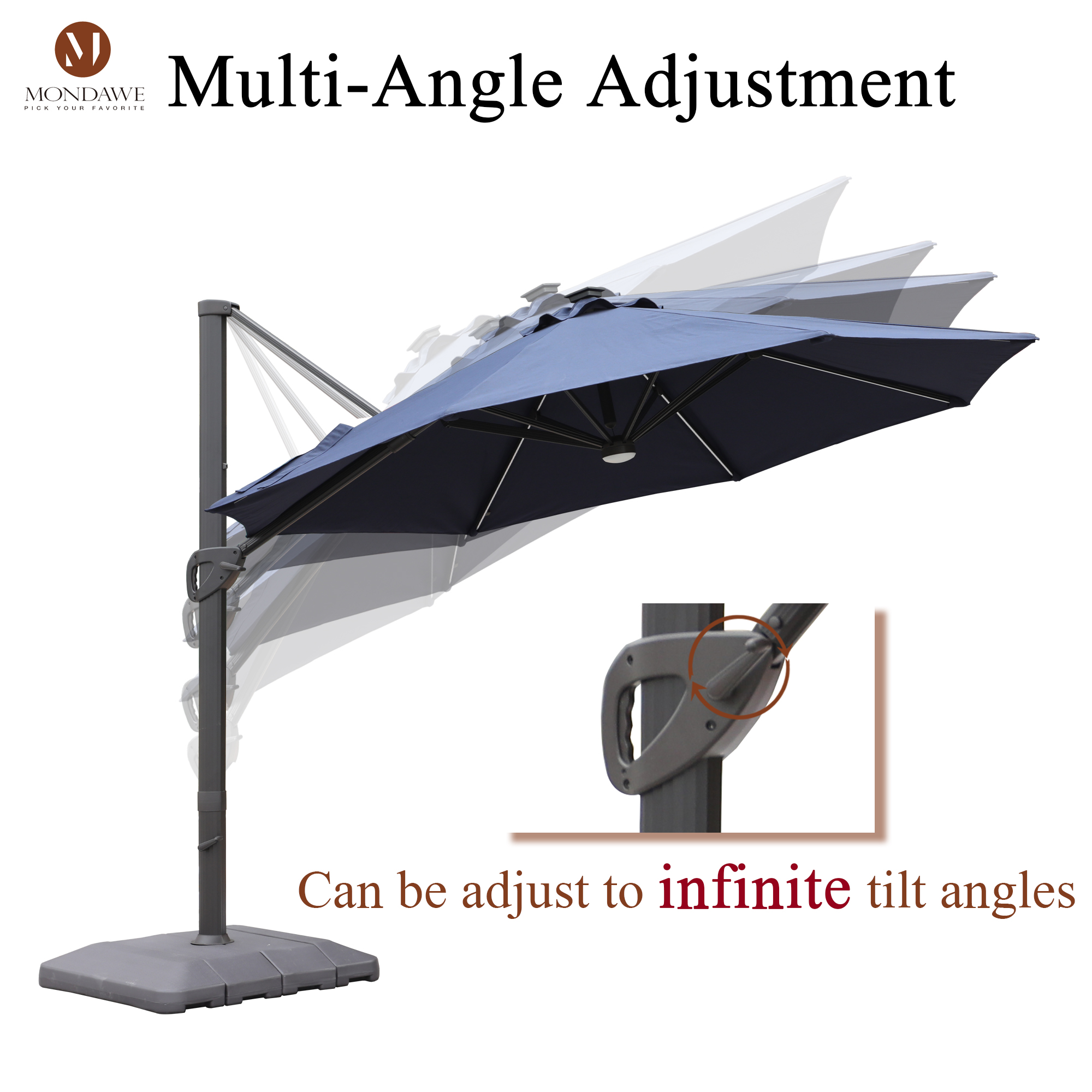 Mondawe 11 ft. Aluminum 360° Rotation Cantilever Patio Umbrella with Led Lights and Base for Balcony-Mondawe