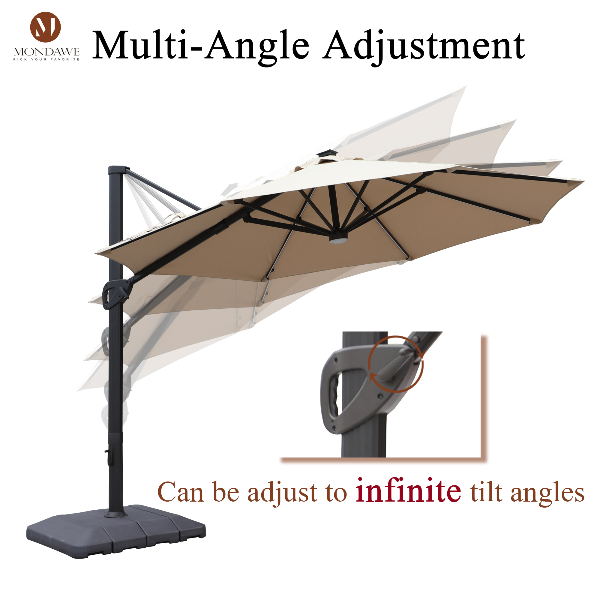 Mondawe 11 ft. Aluminum 360° Rotation Cantilever Patio Umbrella with Led Lights and Base for Balcony-Mondawe