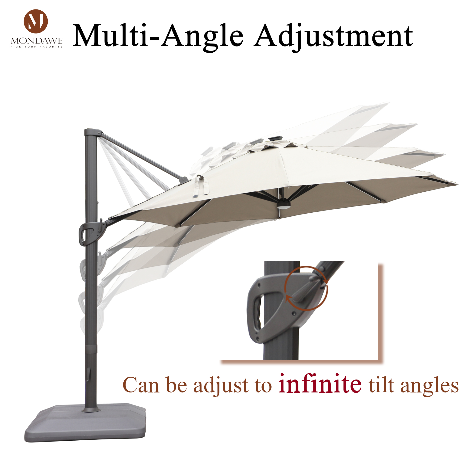 Mondawe 11 ft. Aluminum 360° Rotation Cantilever Patio Umbrella with Led Lights and Base for Balcony-Mondawe