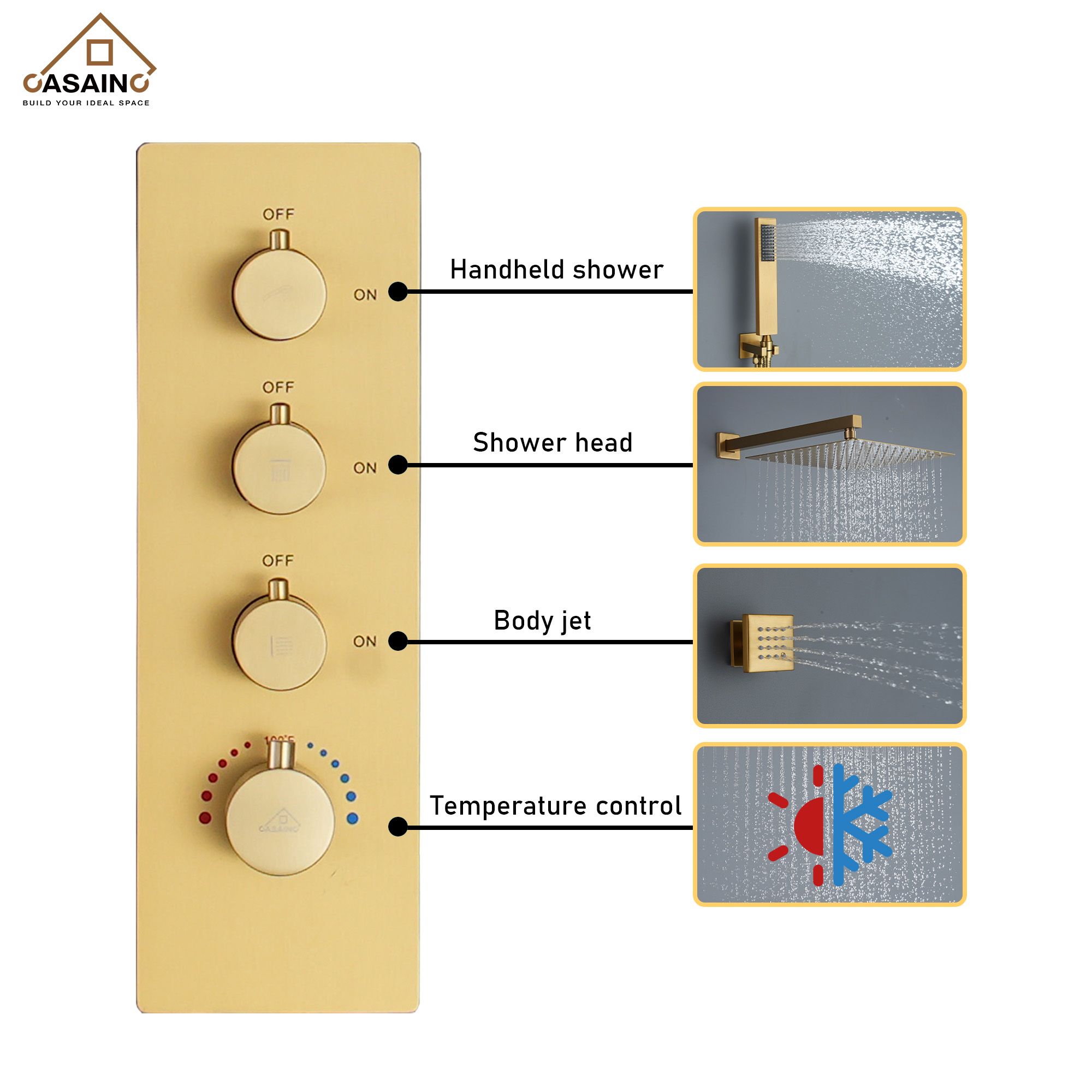 6-Spray Pattern 12 in. Wall Mounted Rainfall Shower Faucet and Dual Shower Heads System With 6 Body Jets In Brushed Gold/Brushed Nickel/Matte Black