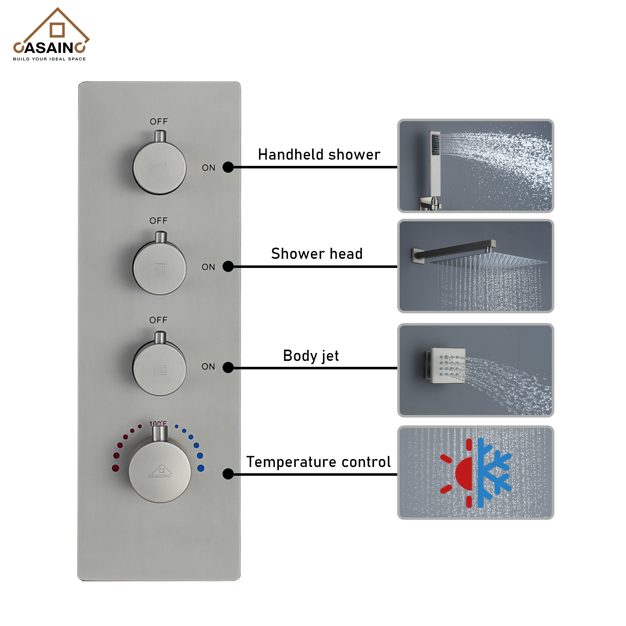 6-Spray Pattern 12 in. Wall Mounted Rainfall Shower Faucet and Dual Shower Heads System With 6 Body Jets In Brushed Gold/Brushed Nickel/Matte Black