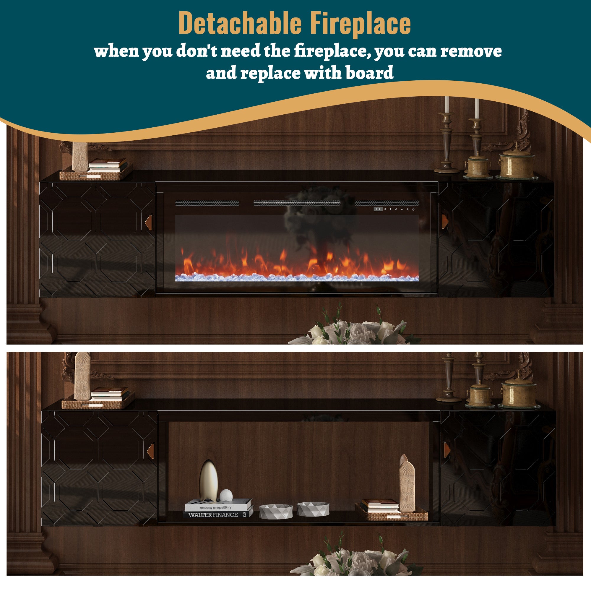 67.32-in W White Fan-forced Electric Fireplace , 5 levels of brightness adjustment, 14 charcoal bed effects