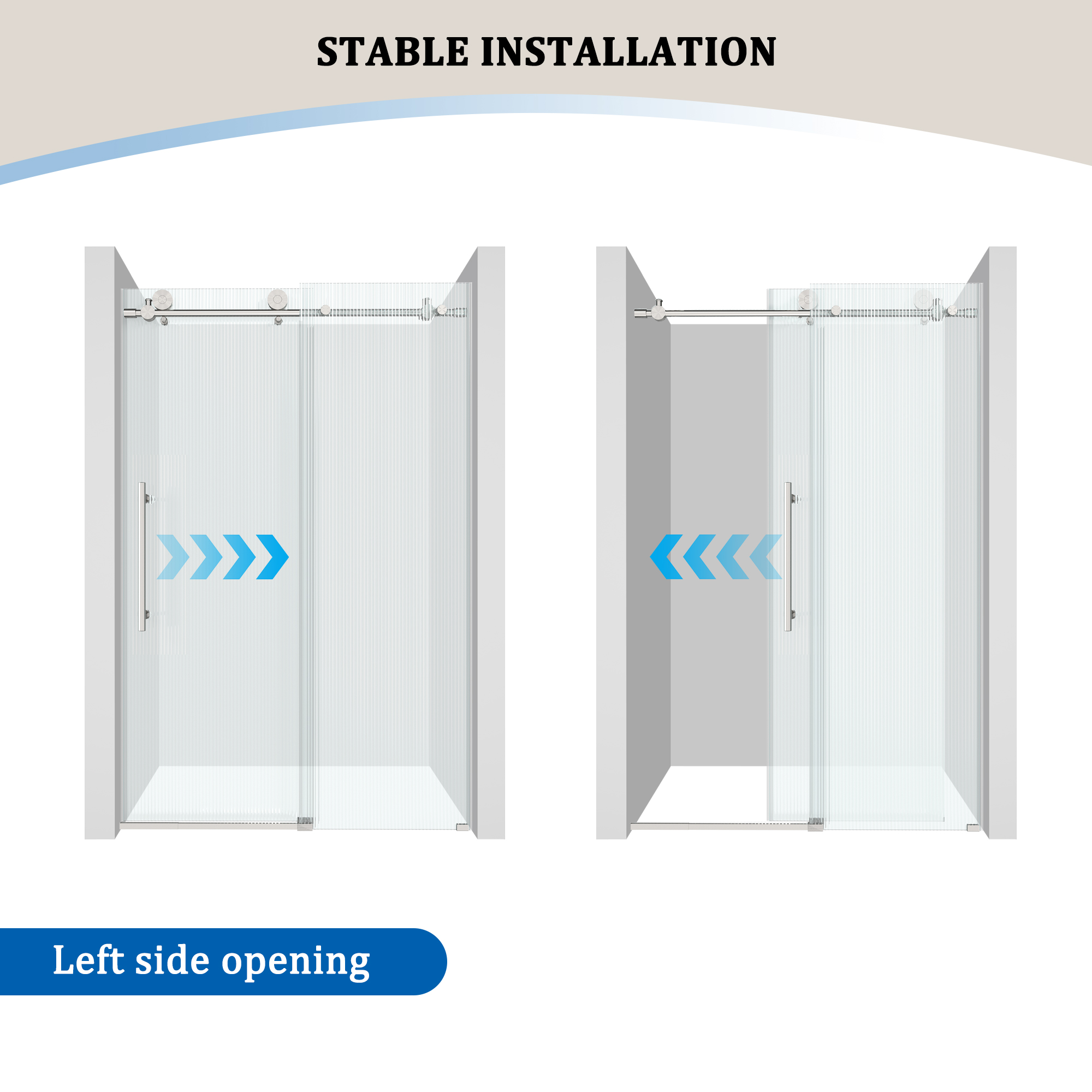 Double sliding frameless shower door with 10mm grooved tempered glass