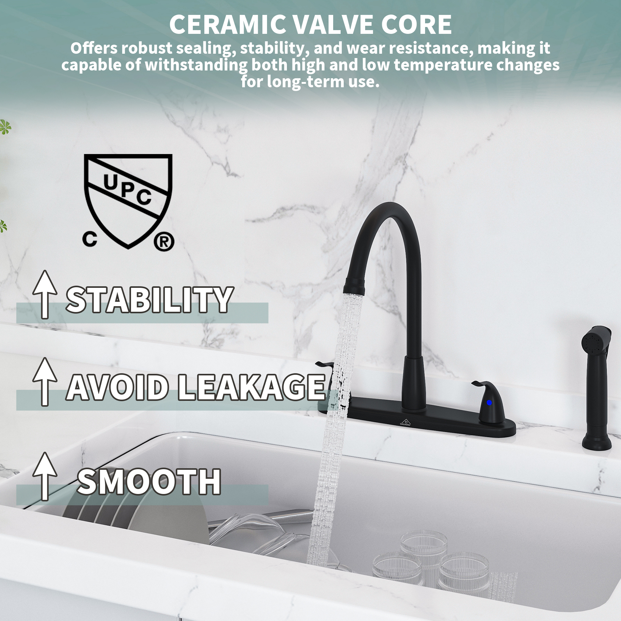 Double Handle Standard Kitchen Faucet with Side Sprayer in Matte Black