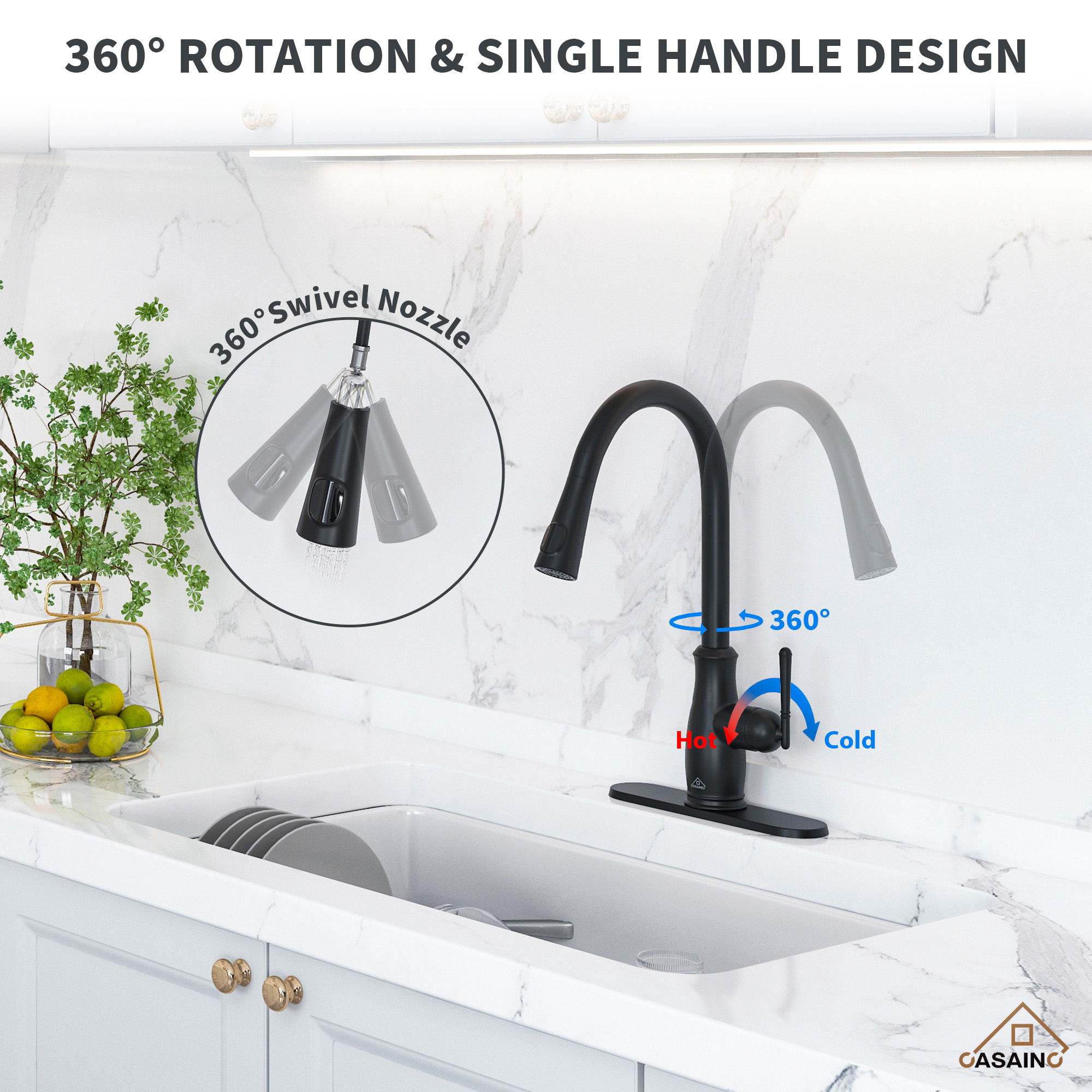 Single Handle Pull Down Sprayer Kitchen Faucet with Intelligent Temperature Display in Matte Black