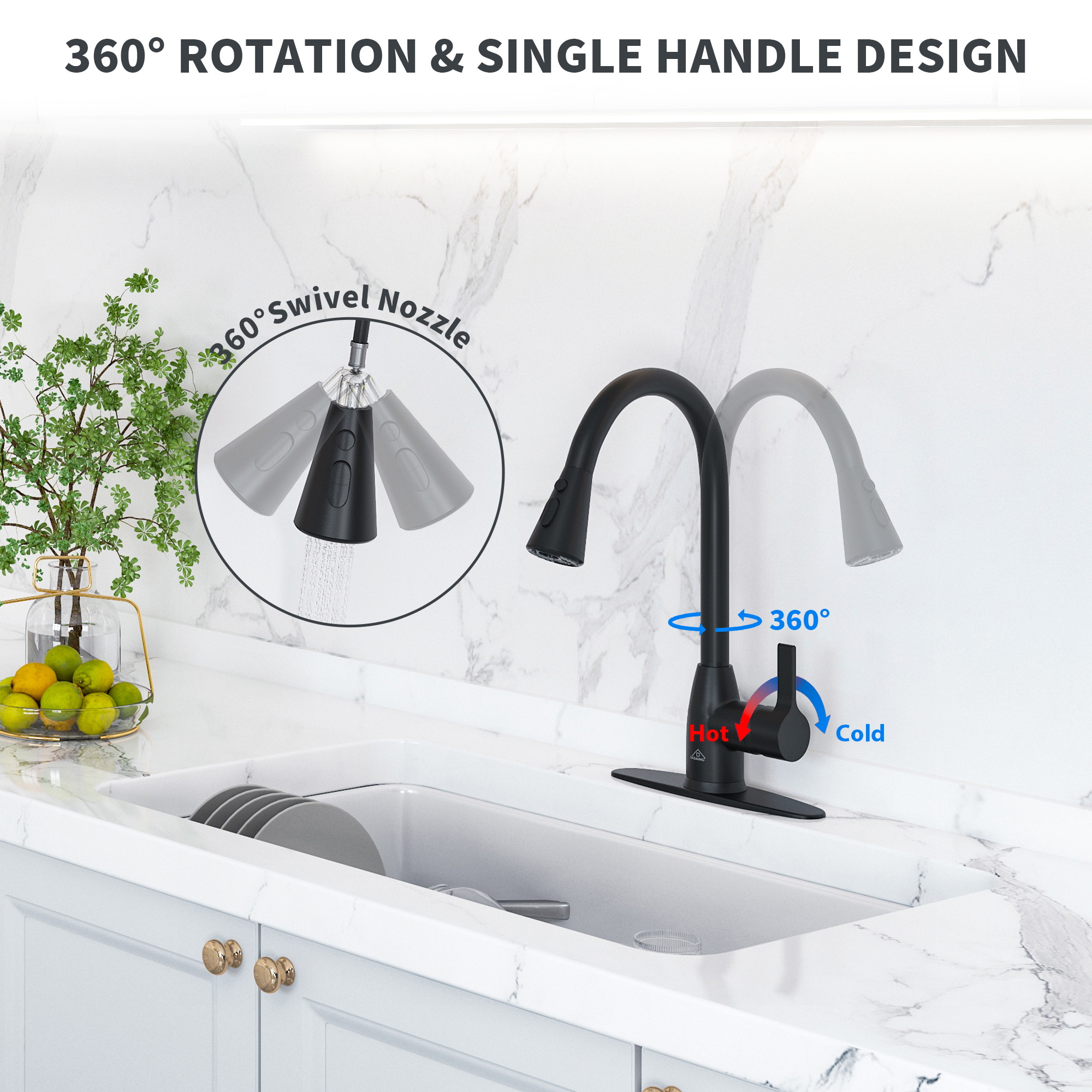 Single Handle Pull Down Sprayer Kitchen Faucet with Three Functions Spray Head in Matte Black