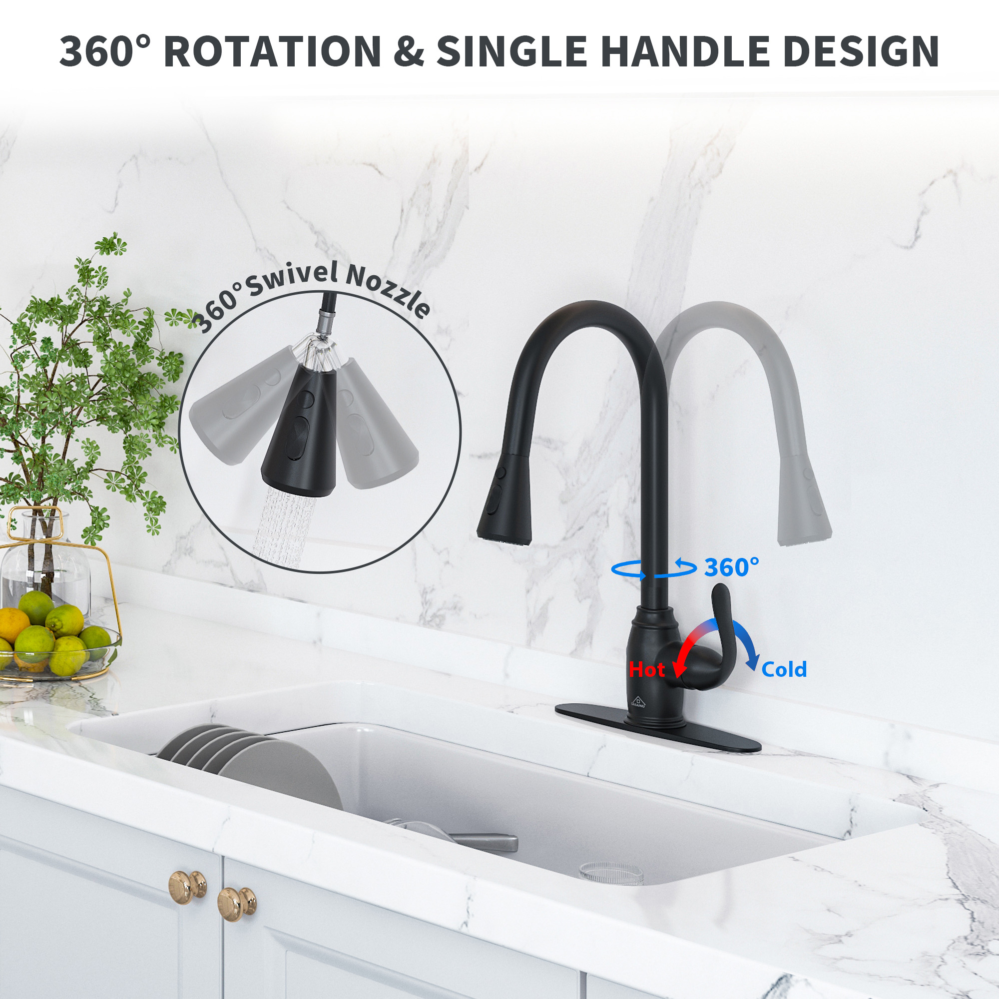 Single Handle Pull Down Sprayer Kitchen Faucet with Three Functions Spray Head in Matte Black