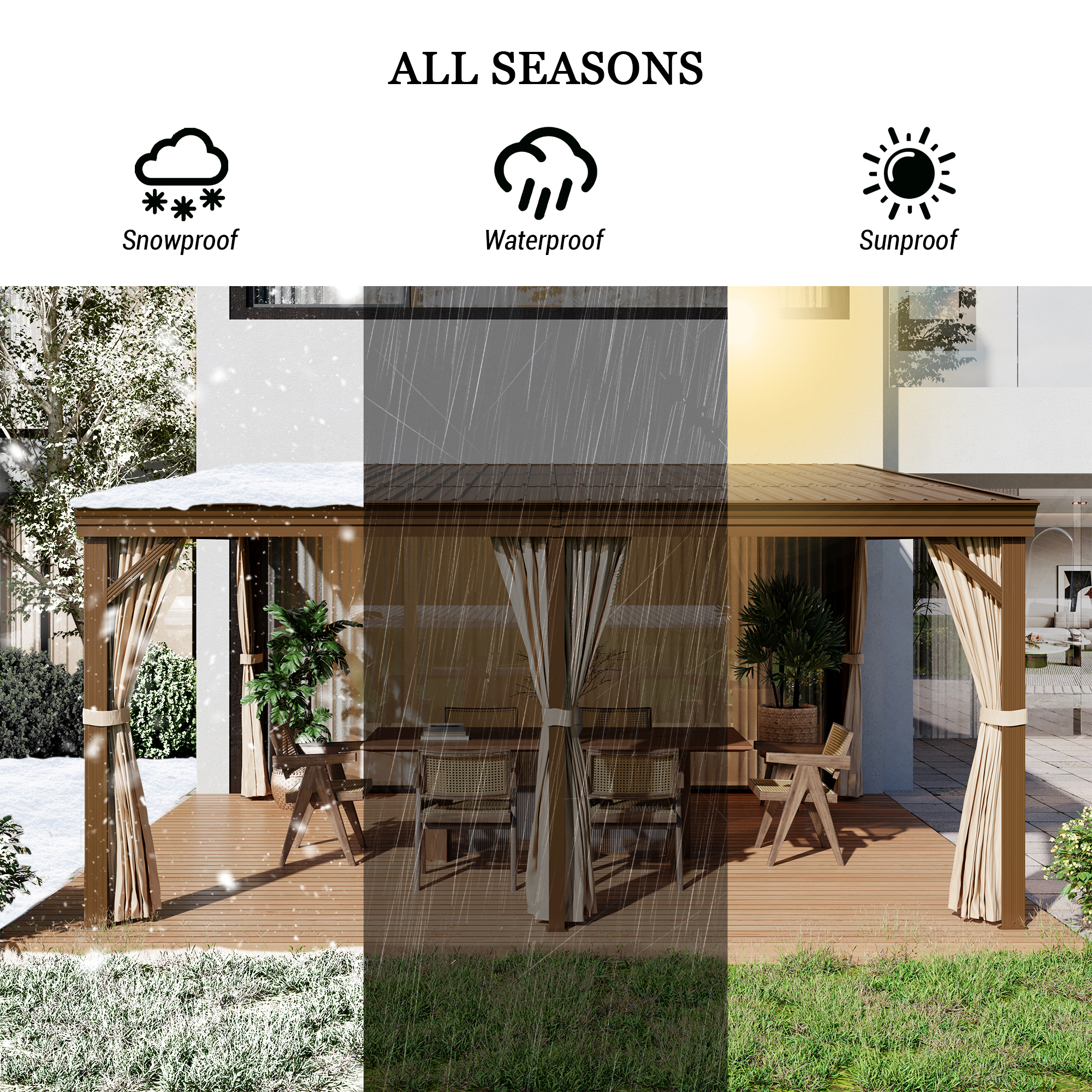 12x16FT Lean to Gazebo, Hardtop Wall Mounted Gazebo with Sloping Galvanized Steel Roof, Aluminum Frame, Drainage System, Curtains and Netting, for Patio, Deck, Garden, Backyard