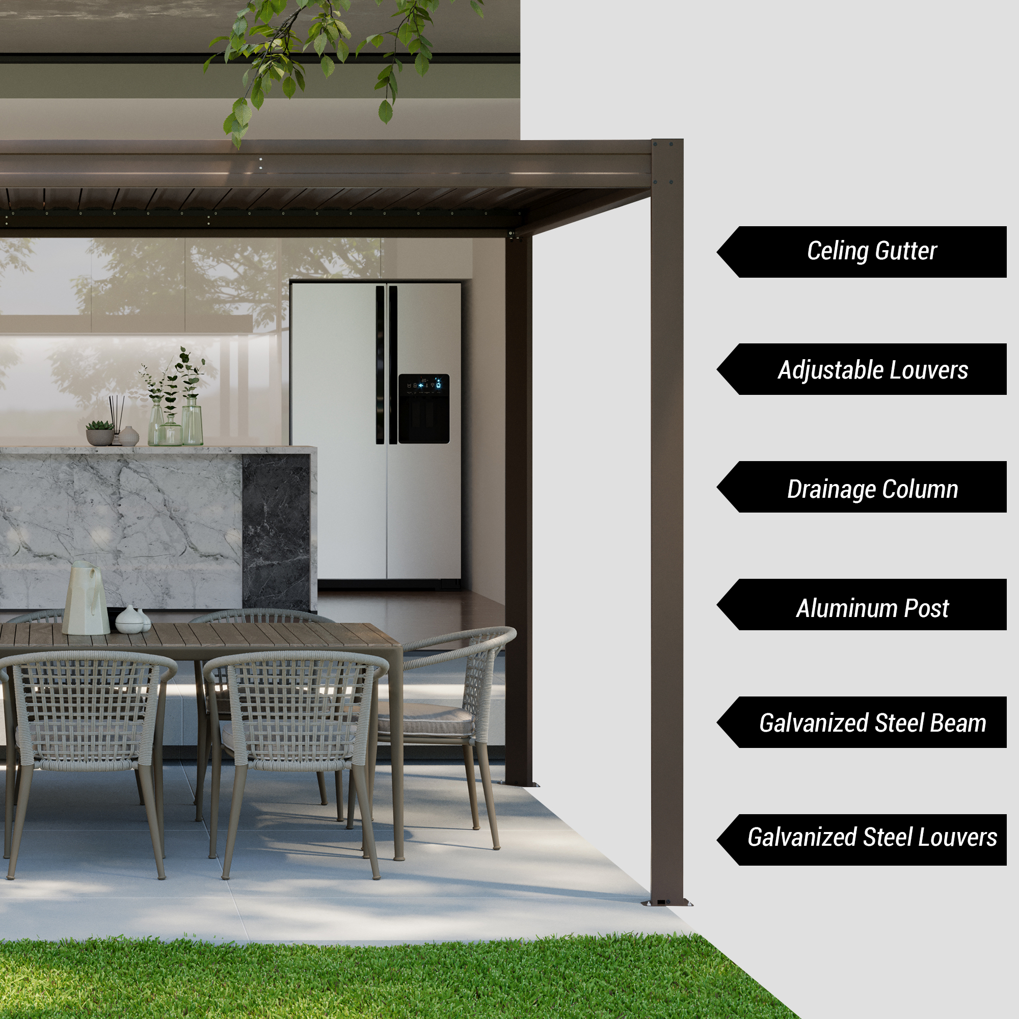 Louvered Pergola, Wood Grain Aluminum Pergola with Adjustable Roof, Wood Looking Aluminum Frame, Efficient Drainage System, Outdoor Pergola for Patio, Deck, Garden