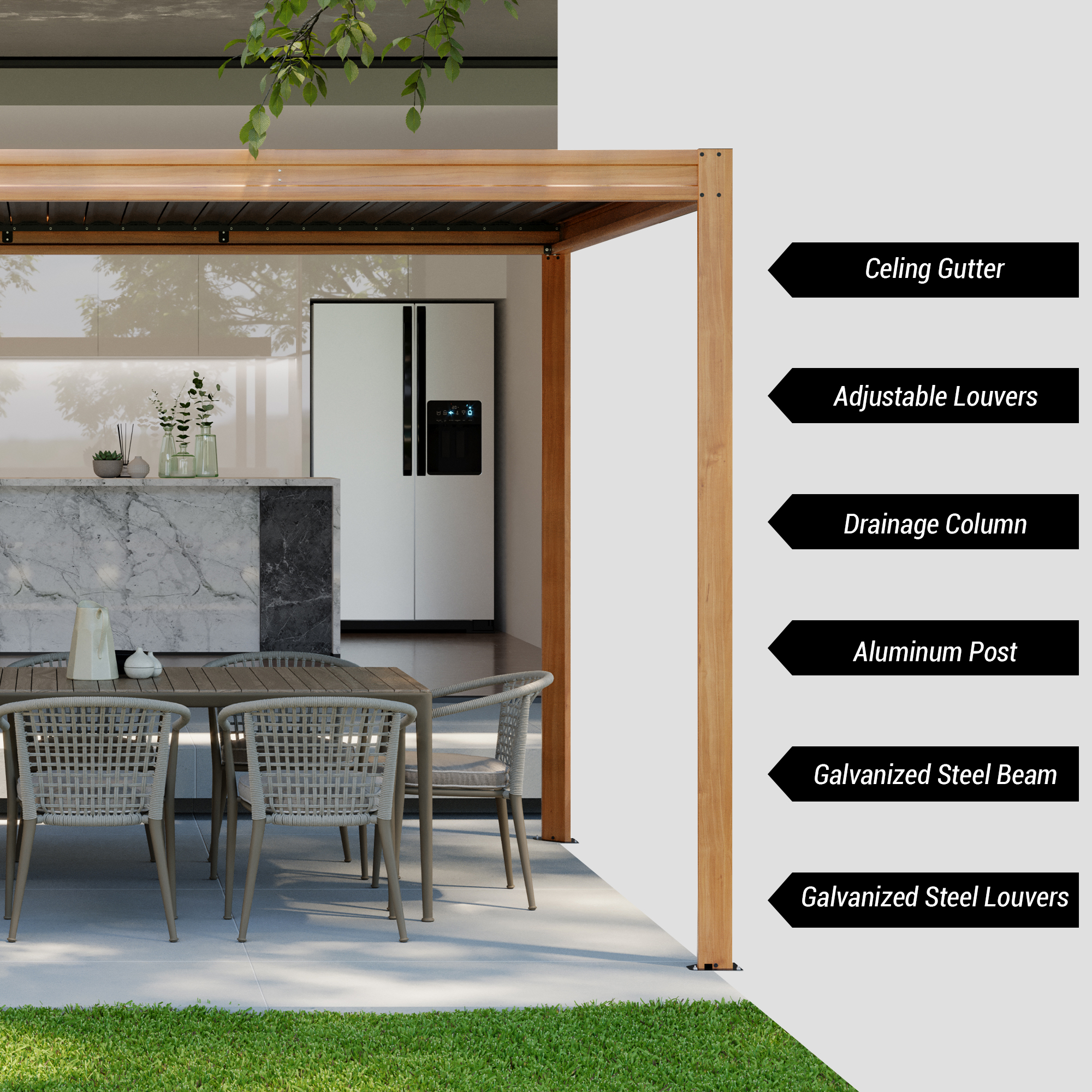 Louvered Pergola, Wood Grain Aluminum Pergola with Adjustable Roof, Wood Looking Aluminum Frame, Efficient Drainage System, Outdoor Pergola for Patio, Deck, Garden