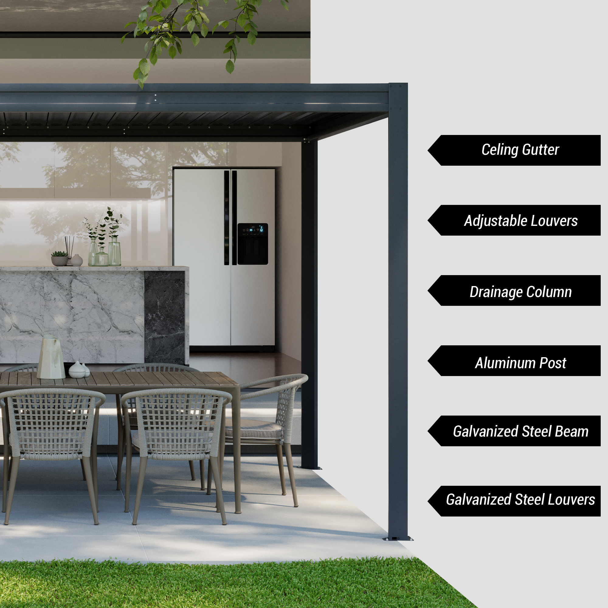 Louvered Pergola, Wood Grain Aluminum Pergola with Adjustable Roof, Wood Looking Aluminum Frame, Efficient Drainage System, Outdoor Pergola for Patio, Deck, Garden