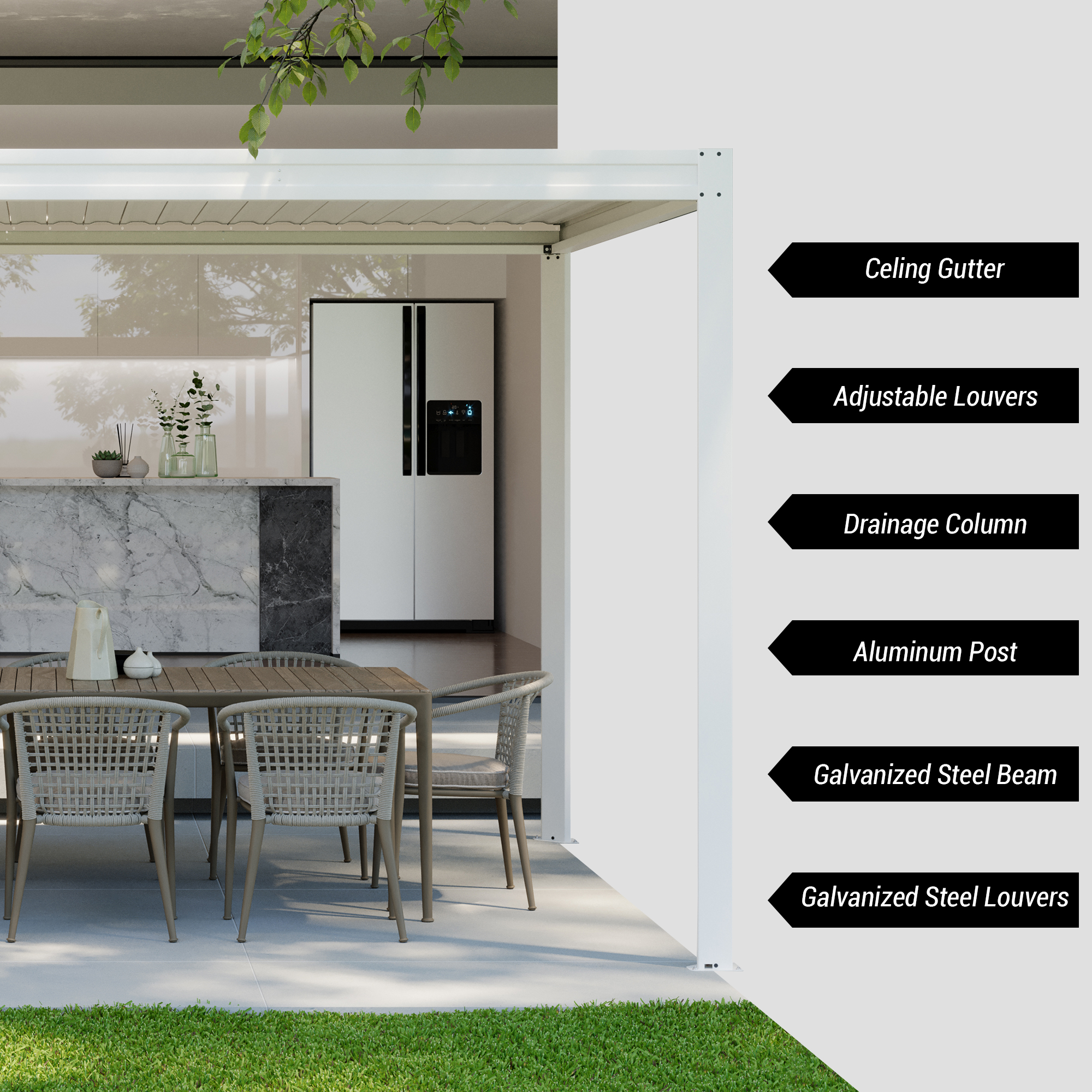 Louvered Pergola, Wood Grain Aluminum Pergola with Adjustable Roof, Wood Looking Aluminum Frame, Efficient Drainage System, Outdoor Pergola for Patio, Deck, Garden