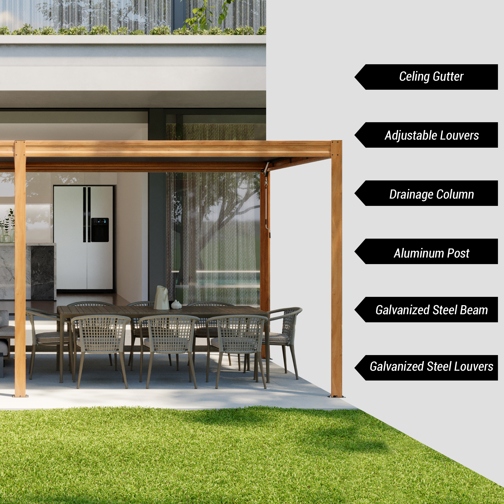 Louvered Pergola, Wood Grain Aluminum Pergola with Adjustable Roof, Wood Looking Aluminum Frame, Efficient Drainage System, Outdoor Pergola for Patio, Deck, Garden