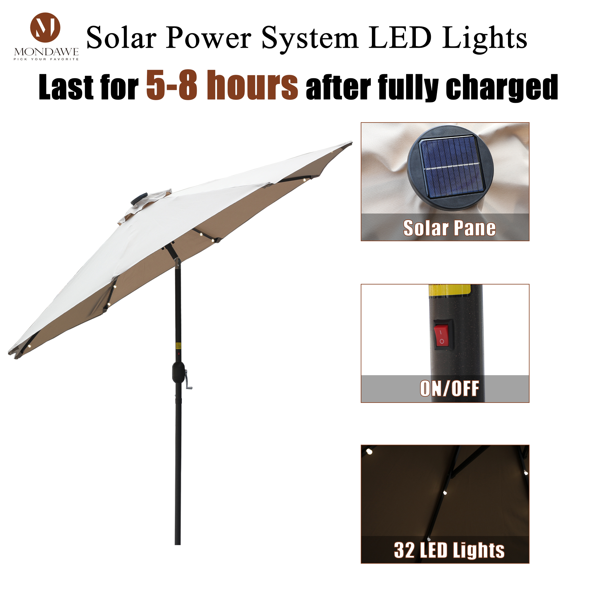 Mondawe 9 Ft 32 LED Round Solar Patio Market Umbrella-Mondawe