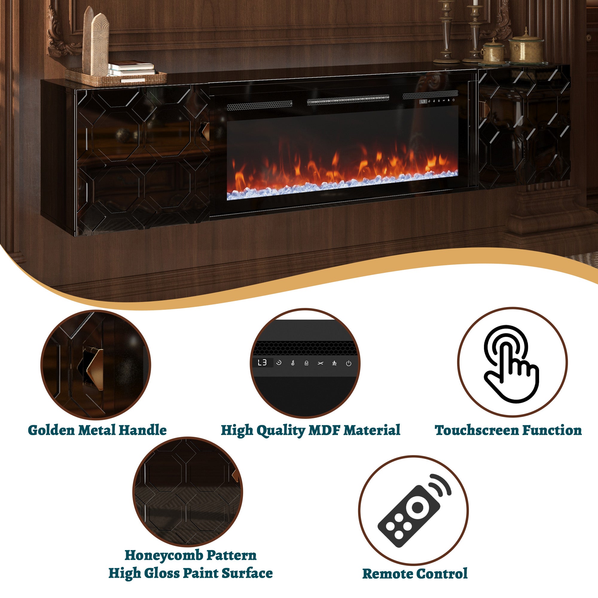 67.32-in W White Fan-forced Electric Fireplace , 5 levels of brightness adjustment, 14 charcoal bed effects