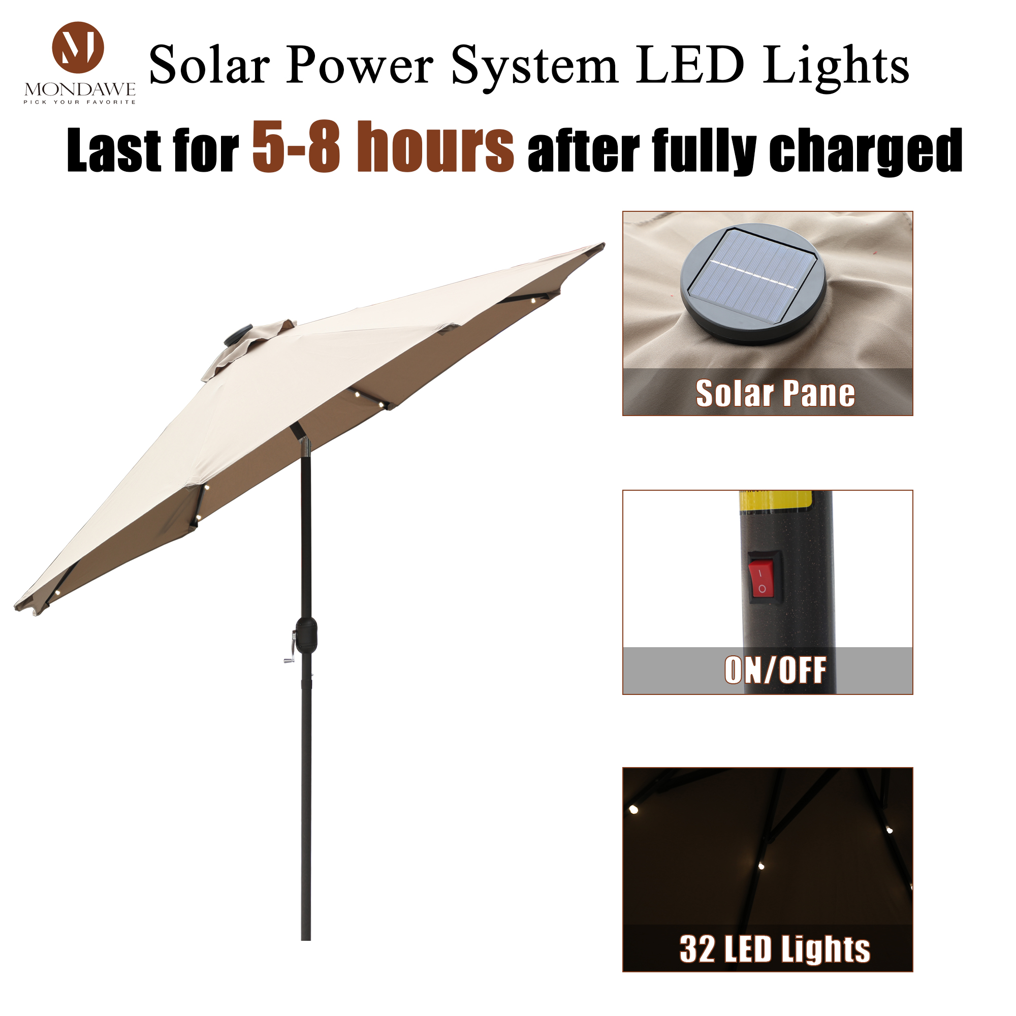 Mondawe 9 Ft 32 LED Round Solar Patio Market Umbrella-Mondawe