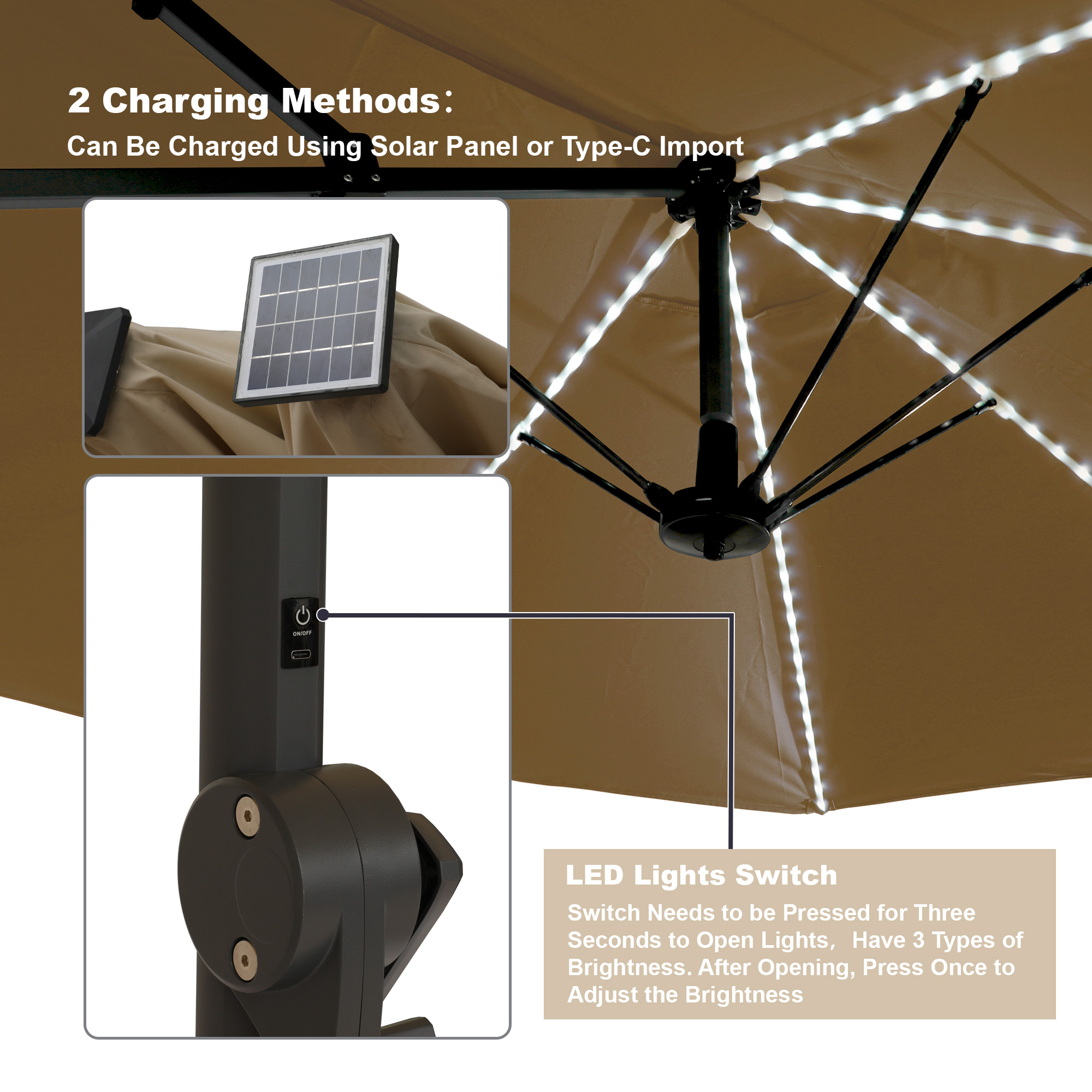 15ft Rectangular Dual-Sided Patio Fiberglass Ribs Umbrella with LED Lights