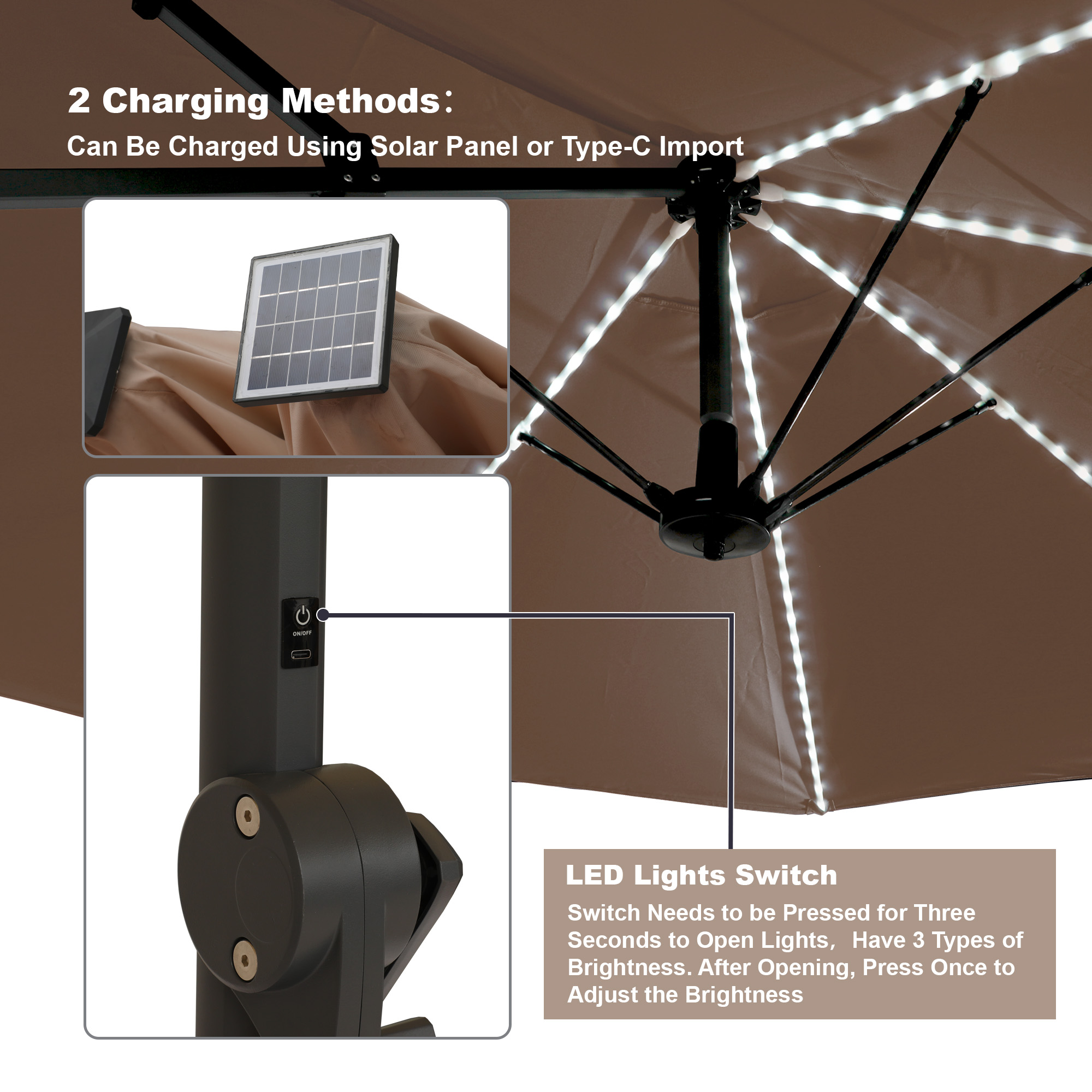 15ft Rectangular Dual-Sided Patio Fiberglass Ribs Umbrella with LED Lights