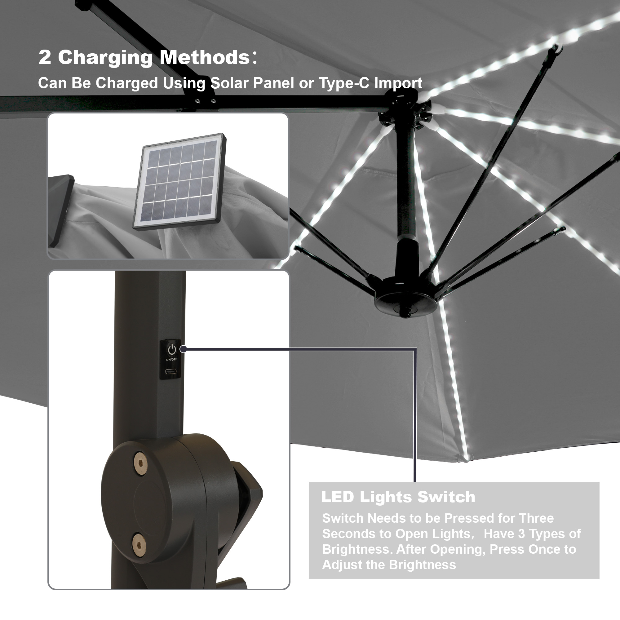 15ft Rectangular Dual-Sided Patio Fiberglass Ribs Umbrella with LED Lights