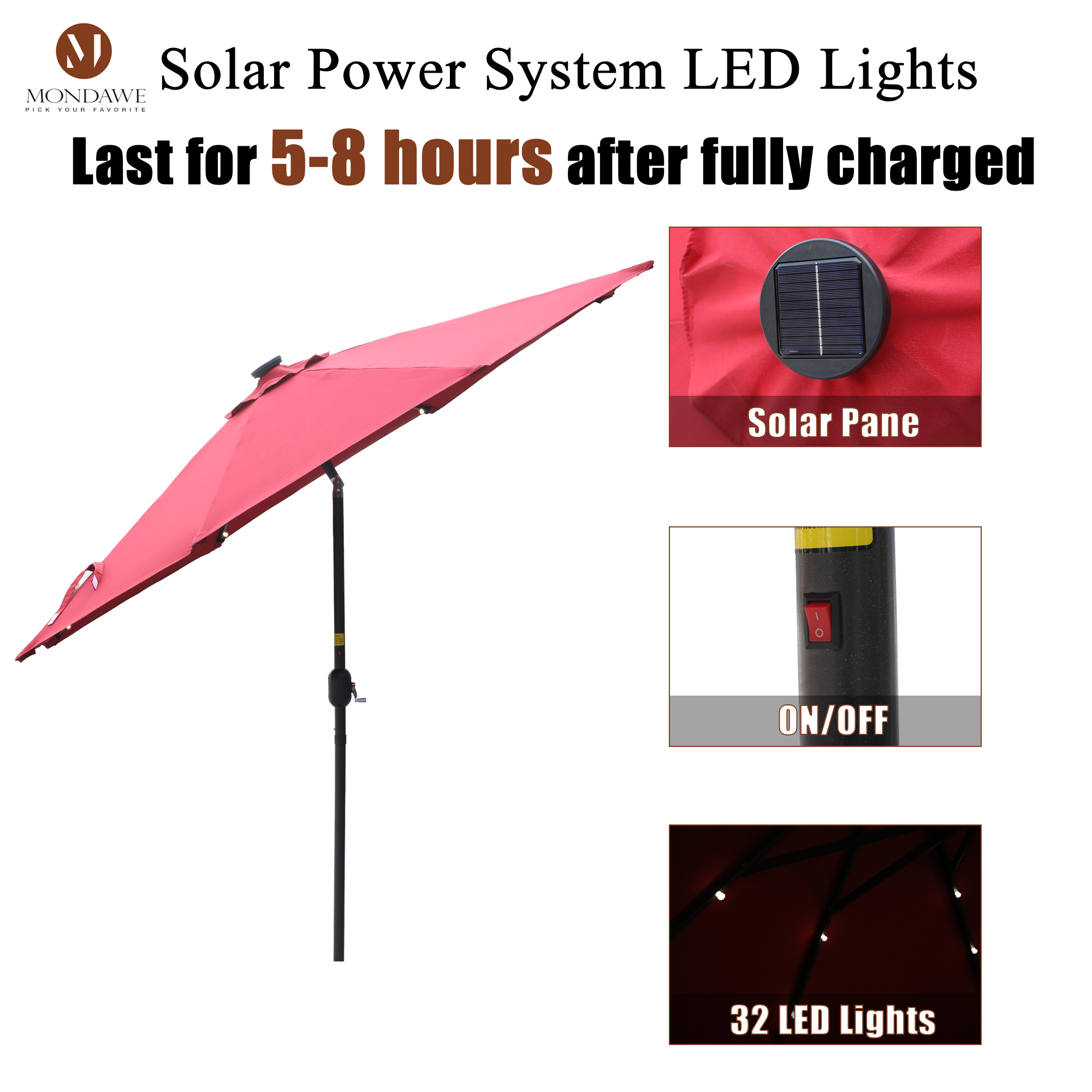 Mondawe 9 Ft 32 LED Round Solar Patio Market Umbrella-Mondawe