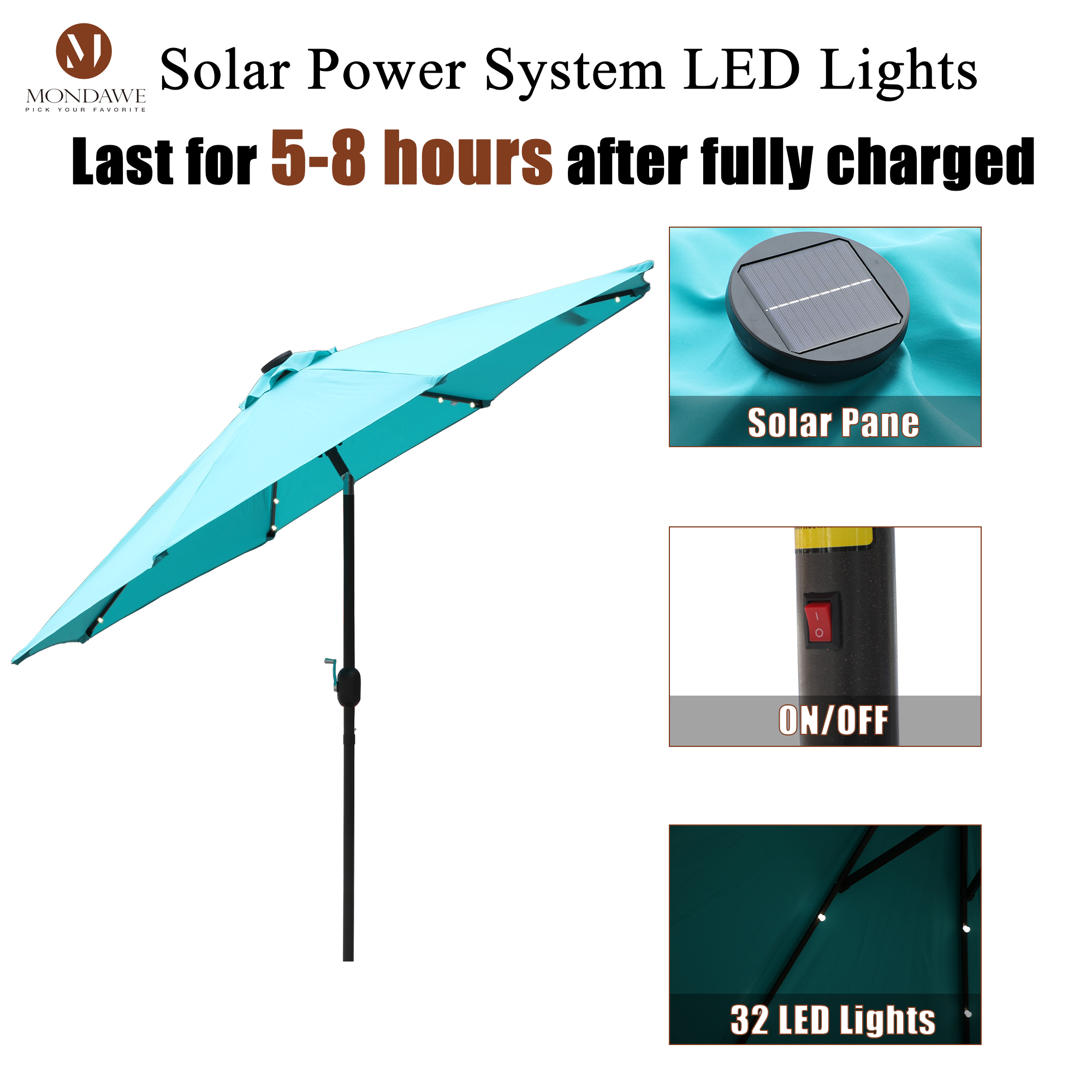 Mondawe 9 Ft 32 LED Round Solar Patio Market Umbrella-Mondawe