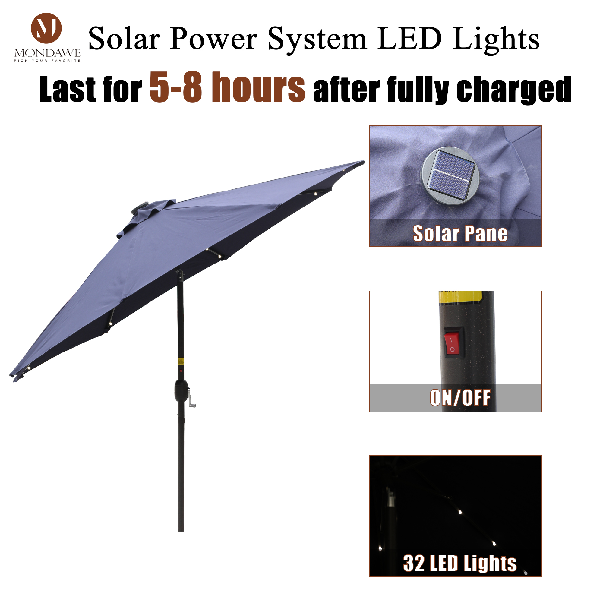 Mondawe 9 Ft 32 LED Round Solar Patio Market Umbrella-Mondawe