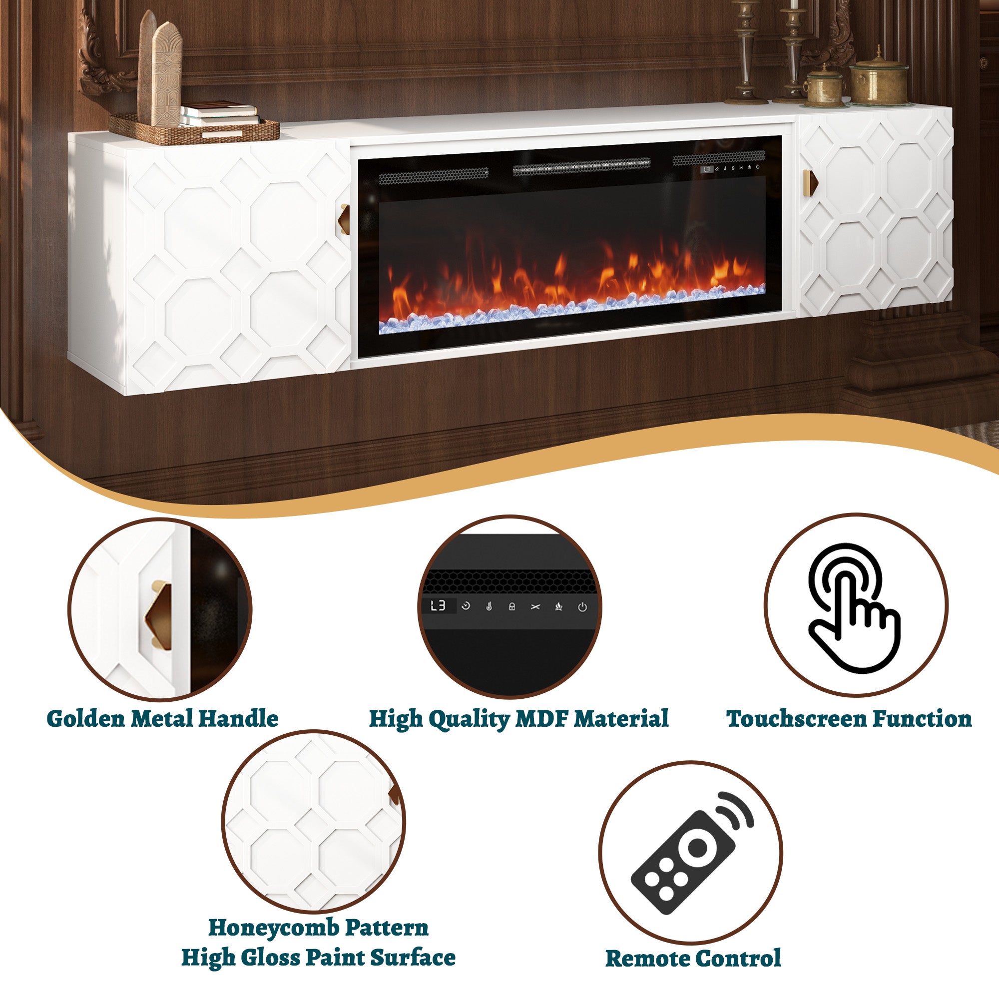 67.32-in W White Fan-forced Electric Fireplace , 5 levels of brightness adjustment, 14 charcoal bed effects