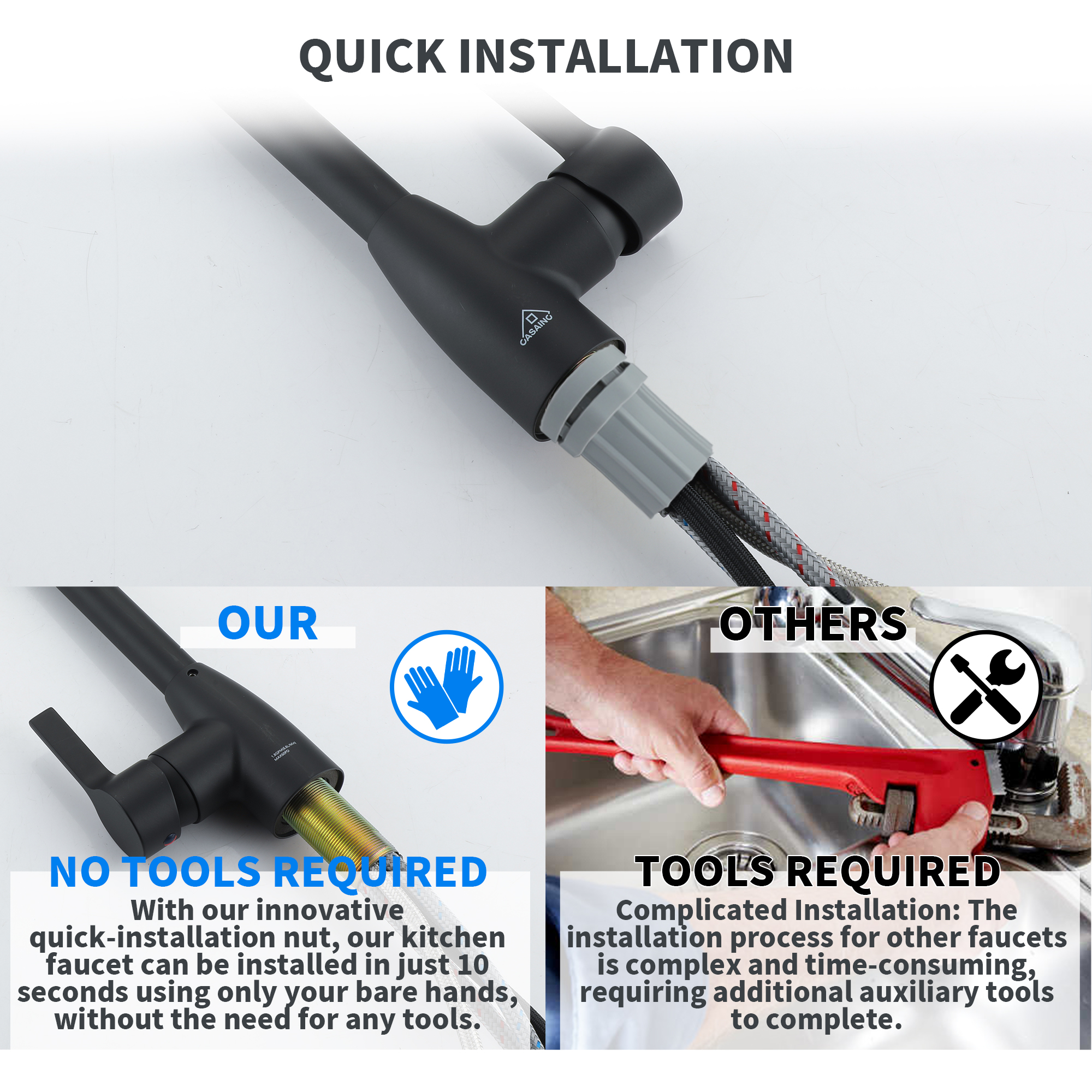 Single Handle Pull Down Sprayer Kitchen Faucet with Three Functions Spray Head in Matte Black