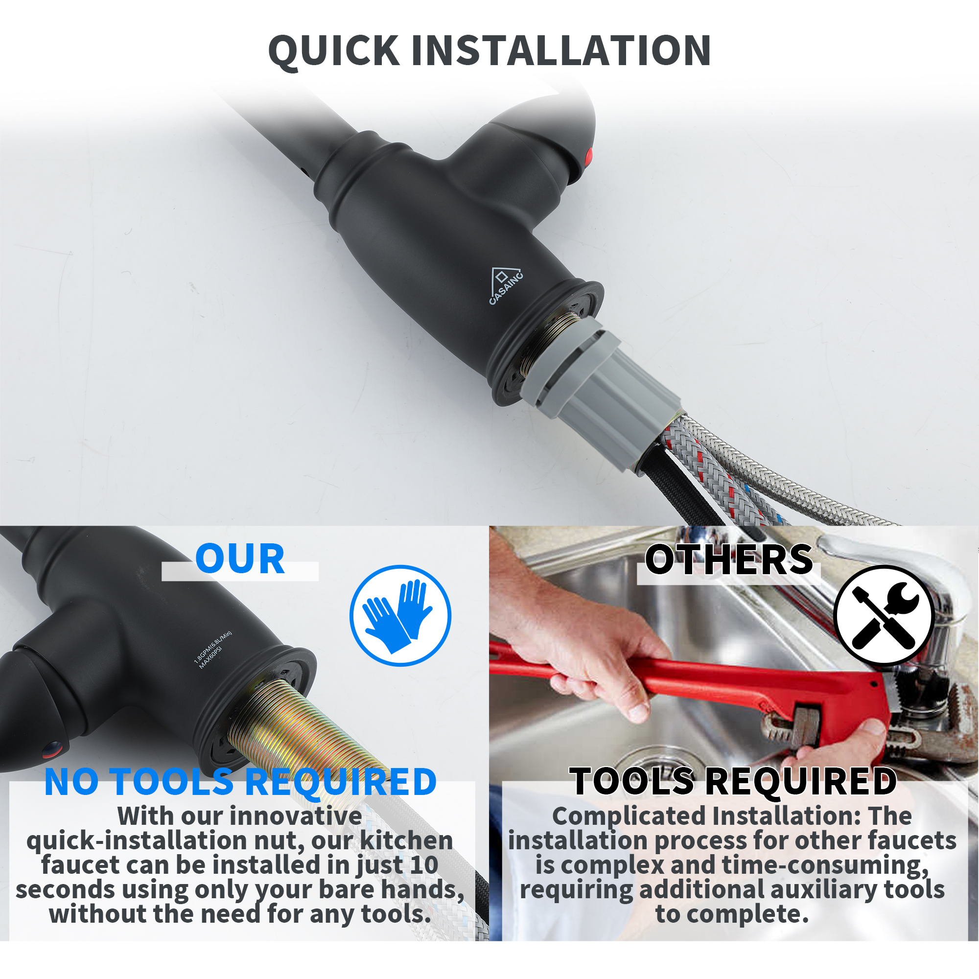 Single Handle Pull Down Sprayer Kitchen Faucet with Three Functions Spray Head in Matte Black