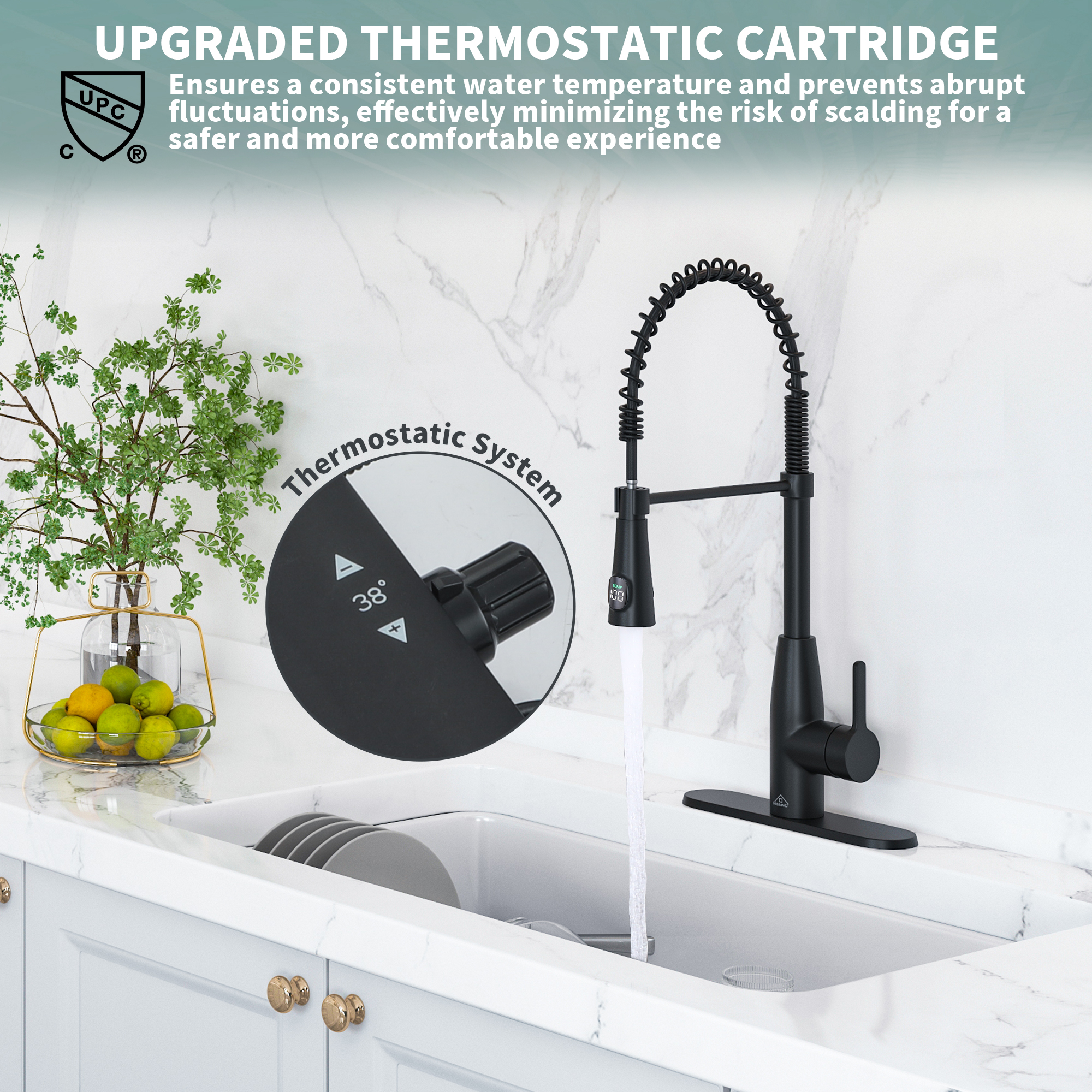 Single Handle Pull Down Sprayer Kitchen Faucet with Touchless Sensor and Intelligent Temperature Display in Matte Black