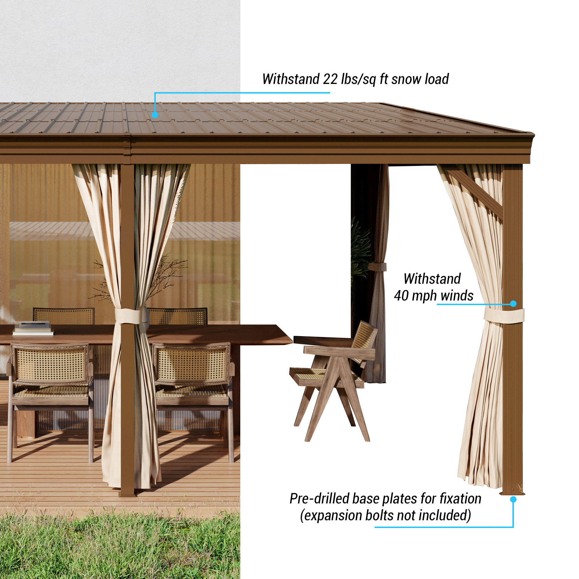 12x16FT Lean to Gazebo, Hardtop Wall Mounted Gazebo with Sloping Galvanized Steel Roof, Aluminum Frame, Drainage System, Curtains and Netting, for Patio, Deck, Garden, Backyard