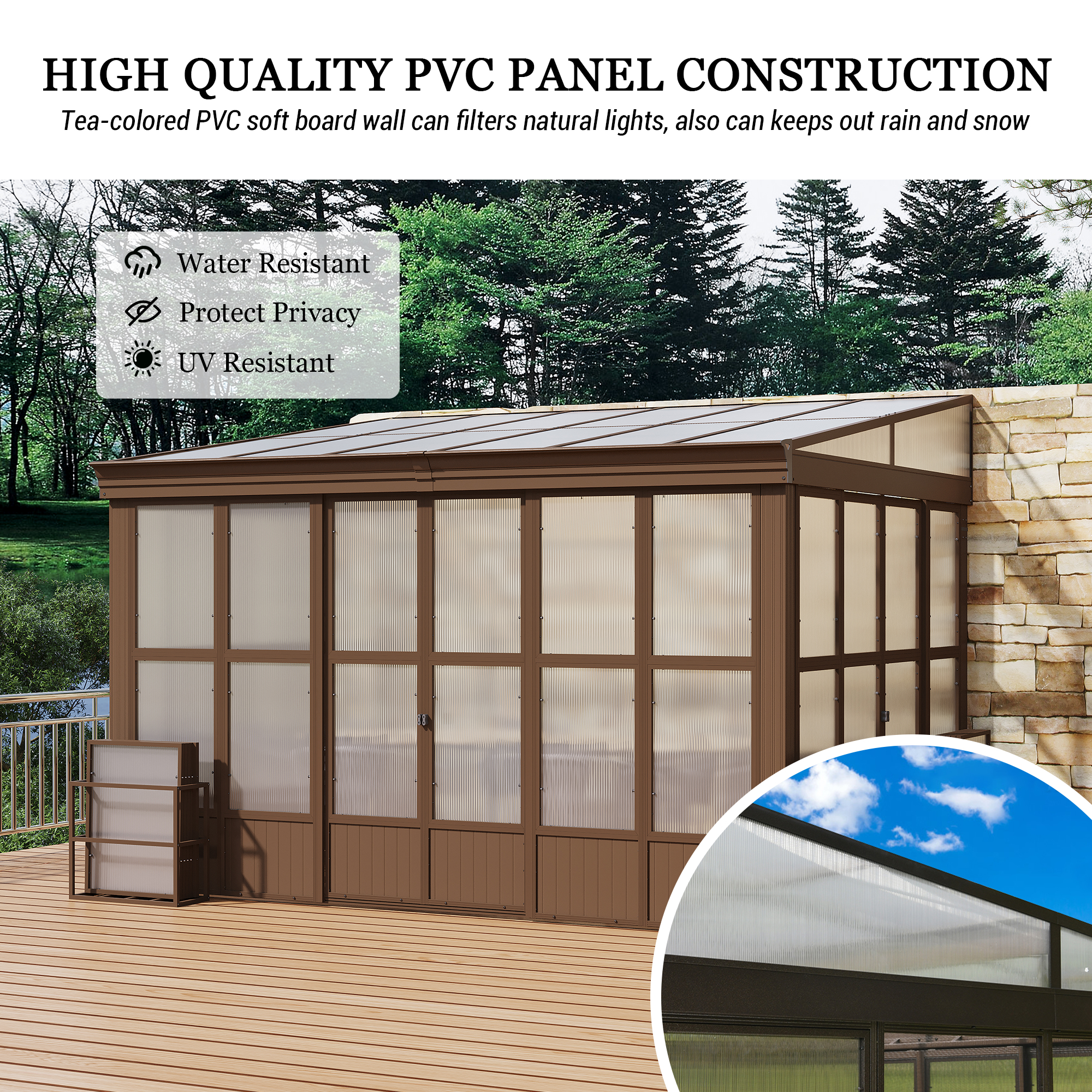 Lean-to Sunroom 10x12FT, Wall Mounted Solarium with Sloping Polycarbonate Roof, Detachable Polycarbonate Screens, 2 Lockable Sliding Doors, Aluminum Gazebo Against Wall Sun Room for Patio Deck